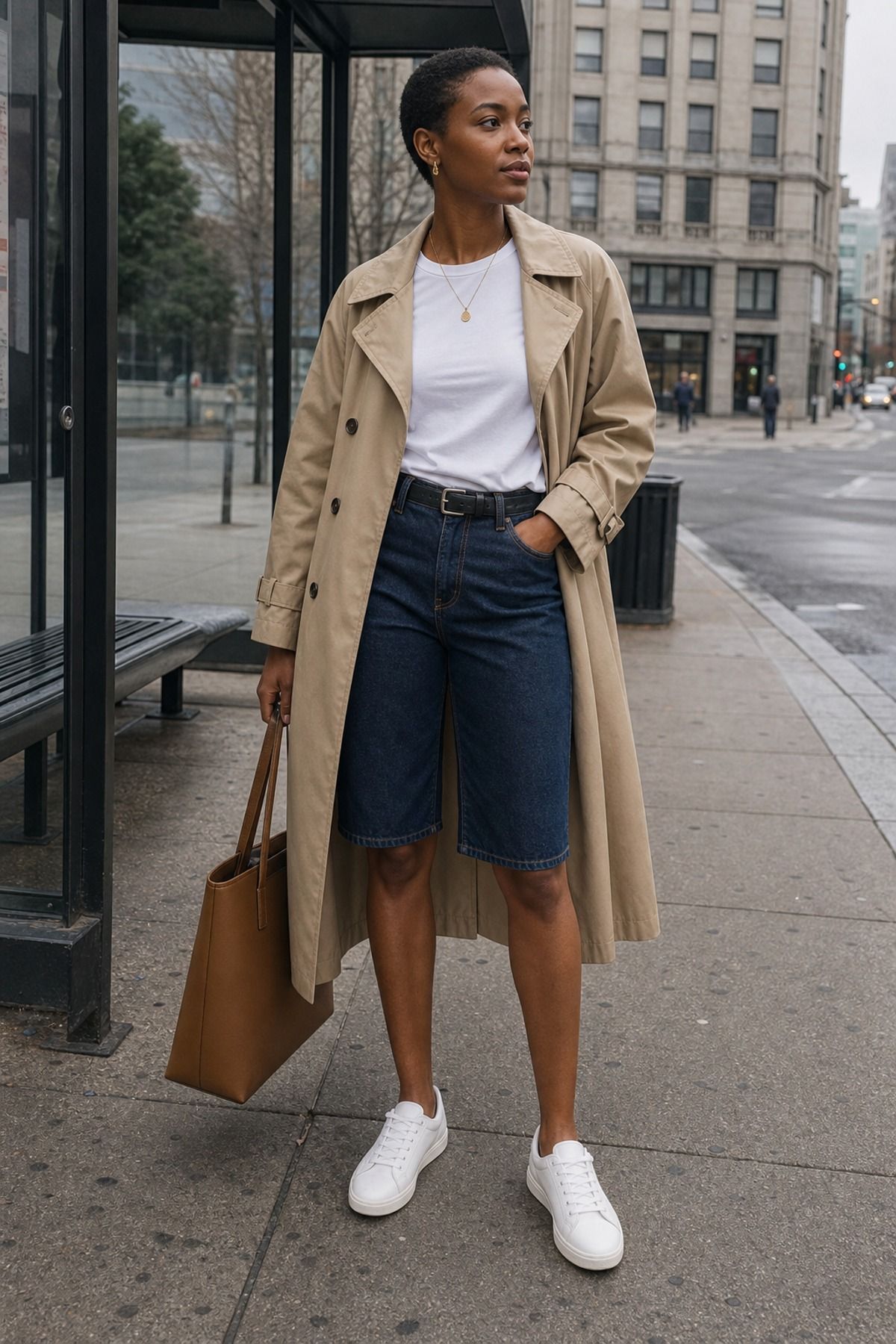 Woman wearing bermuda shorts with a trench