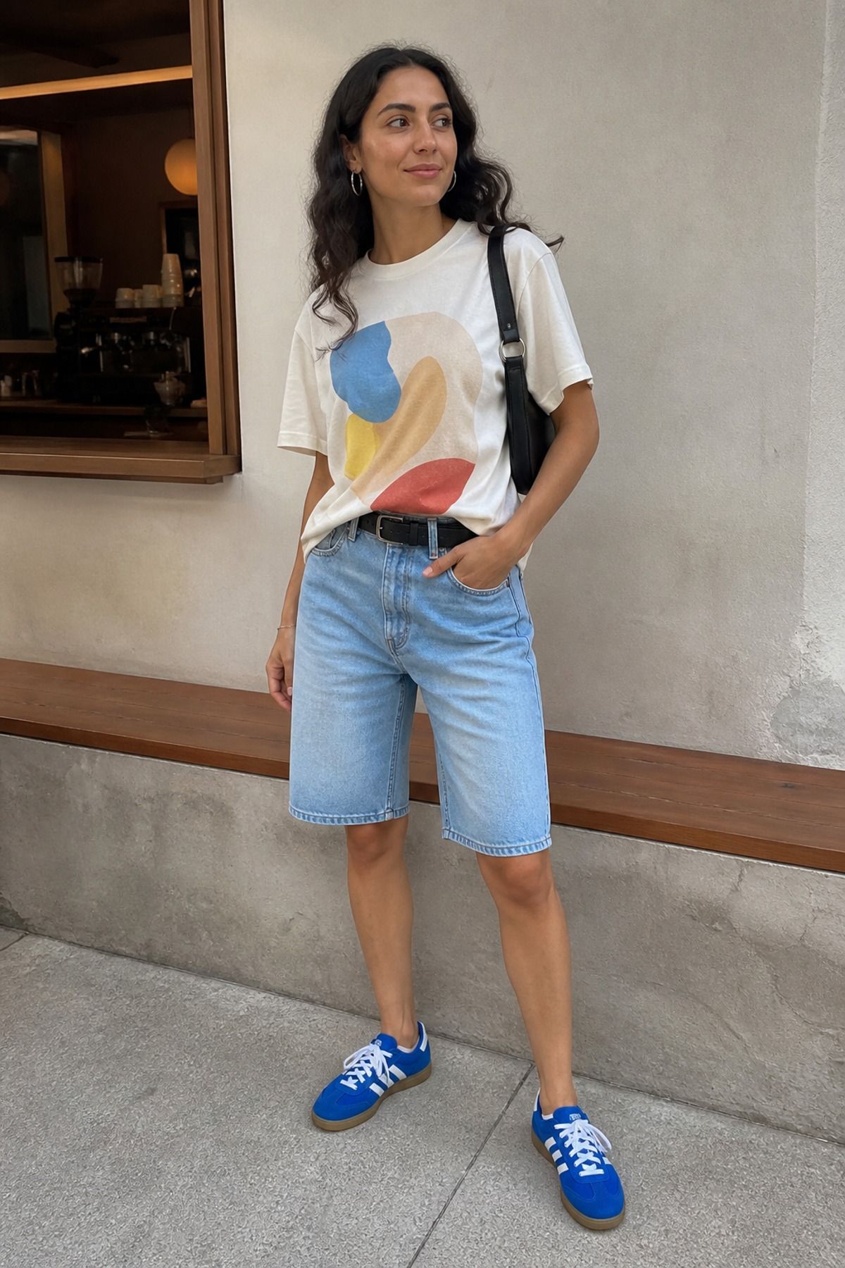 Woman wearing bermuda shorts with a graphic tee
