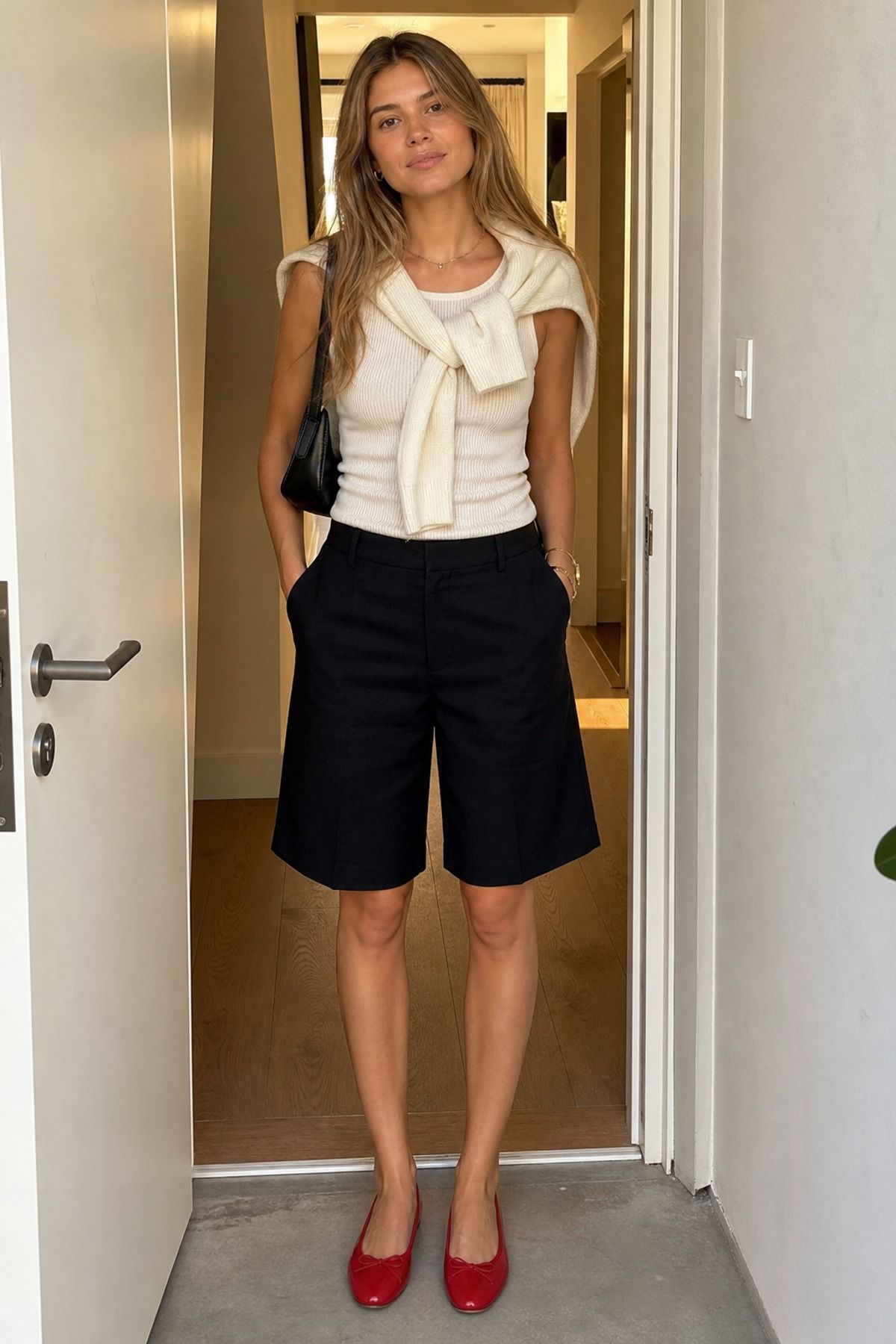 Woman wearing bermuda shorts with ballet flats