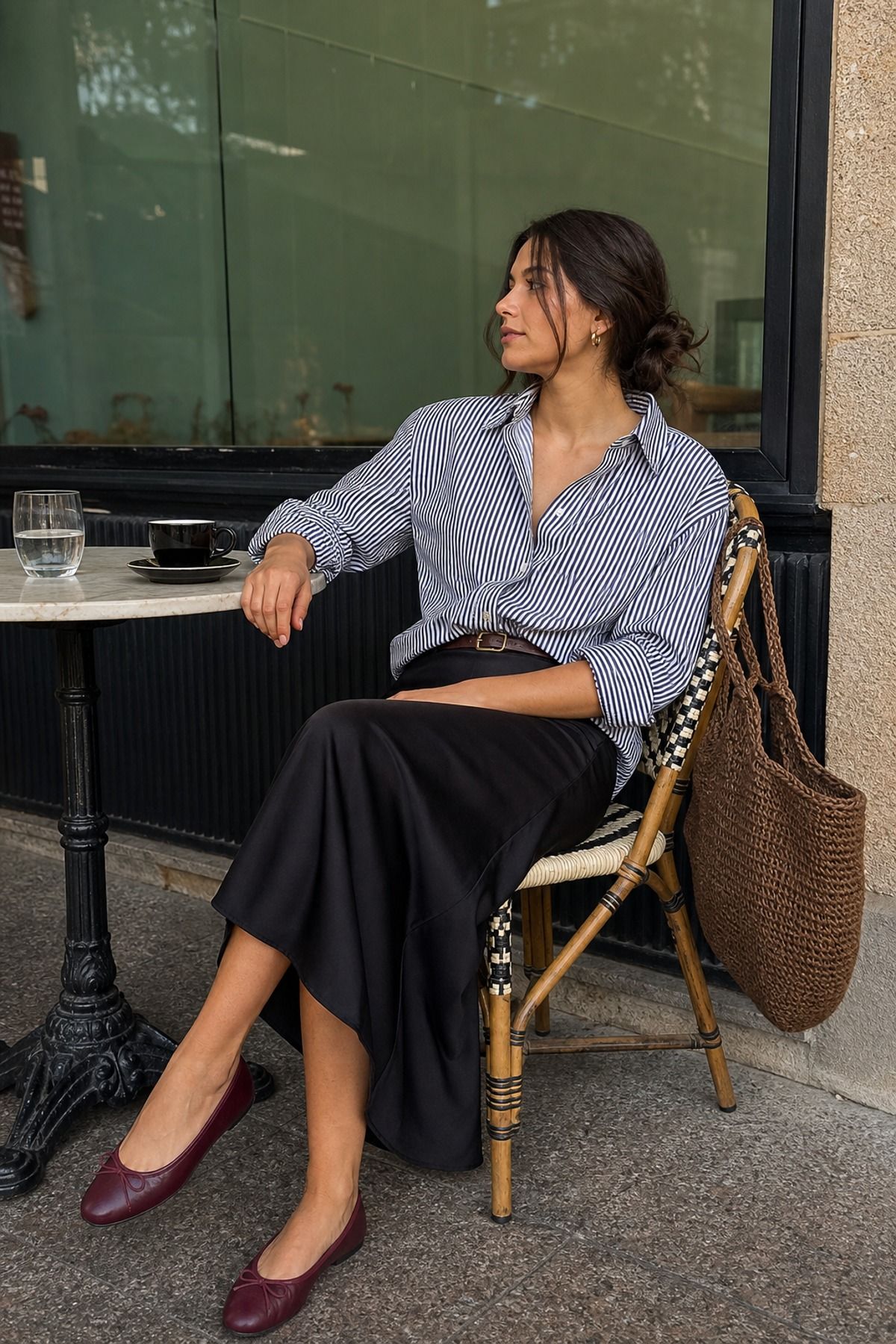 Woman wearing a black skirt with a button down shirt
