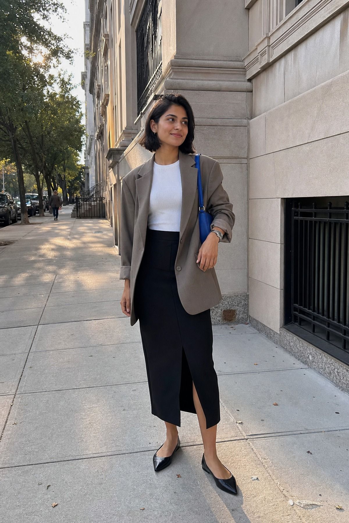 Woman wearing a black skirt with a blazer