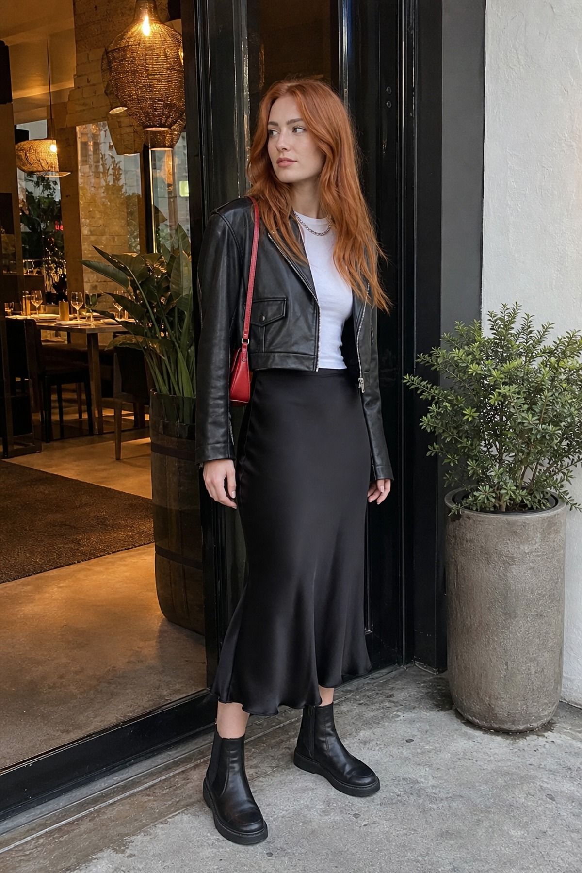 Woman wearing a black skirt with a leather jacket