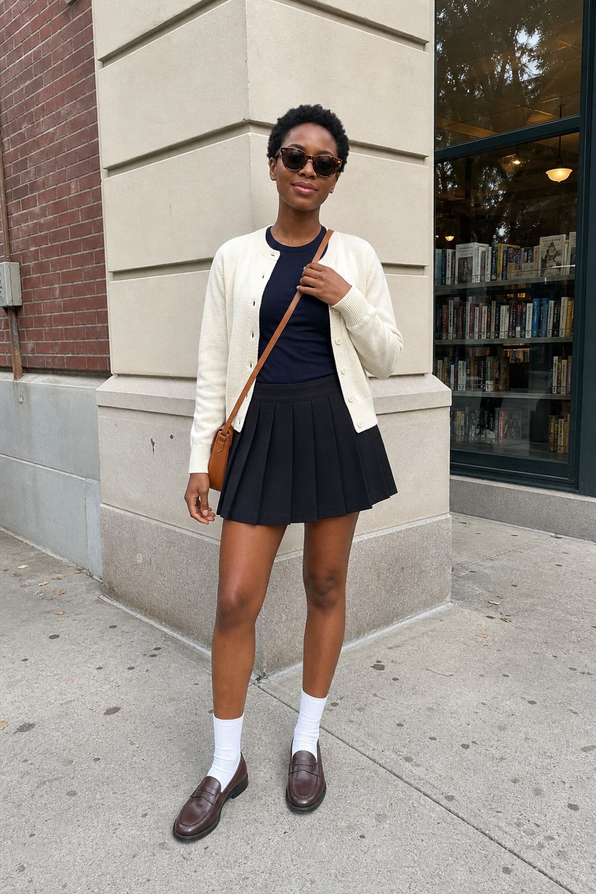 Woman wearing a black skirt with loafers
