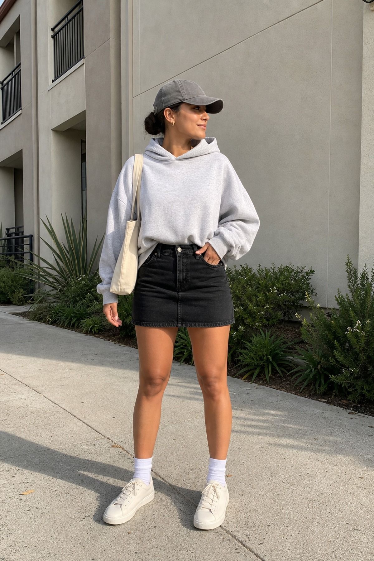 Woman wearing a black skirt with a hoodie