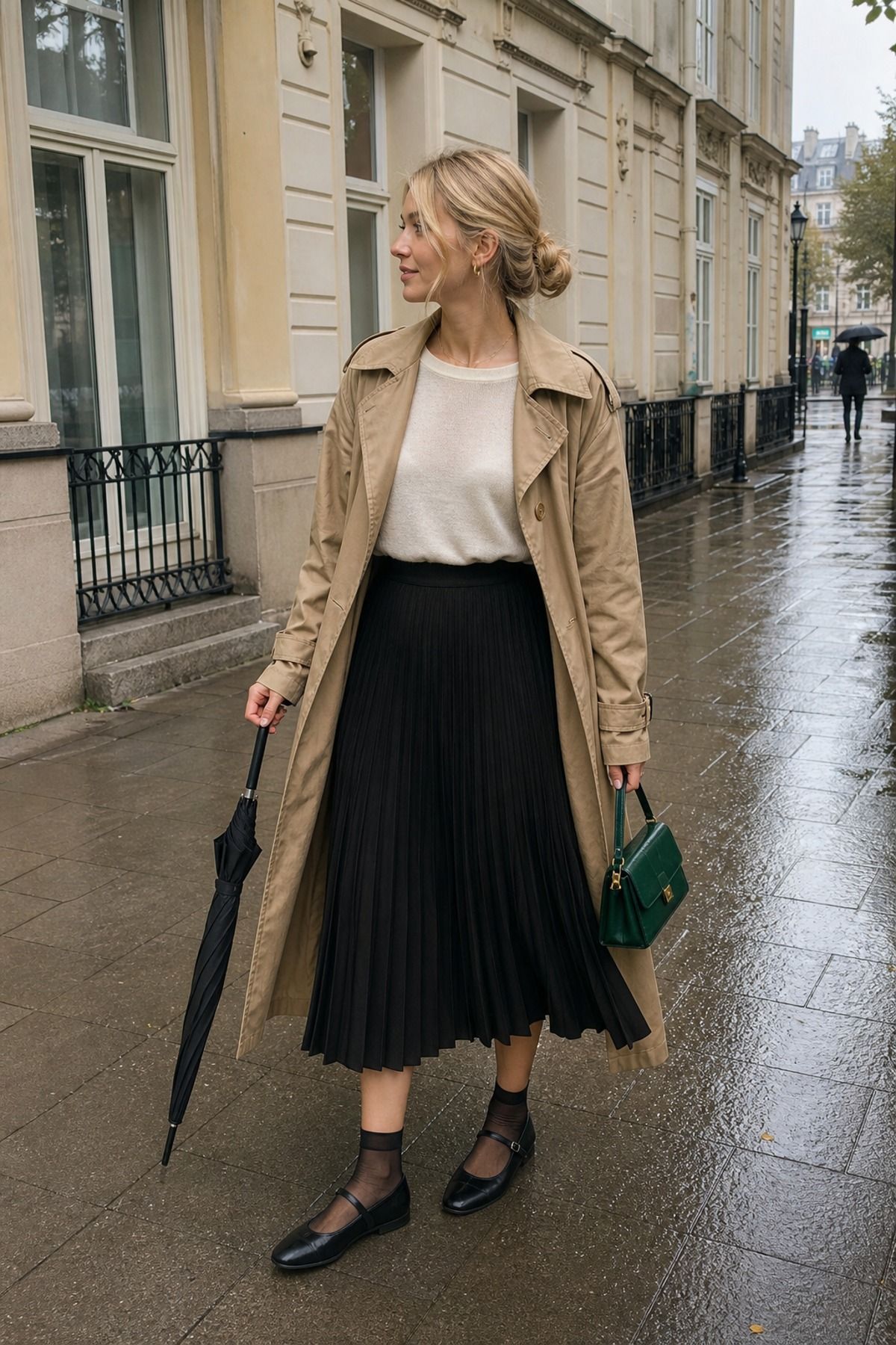 Woman wearing a black skirt with a trench coat