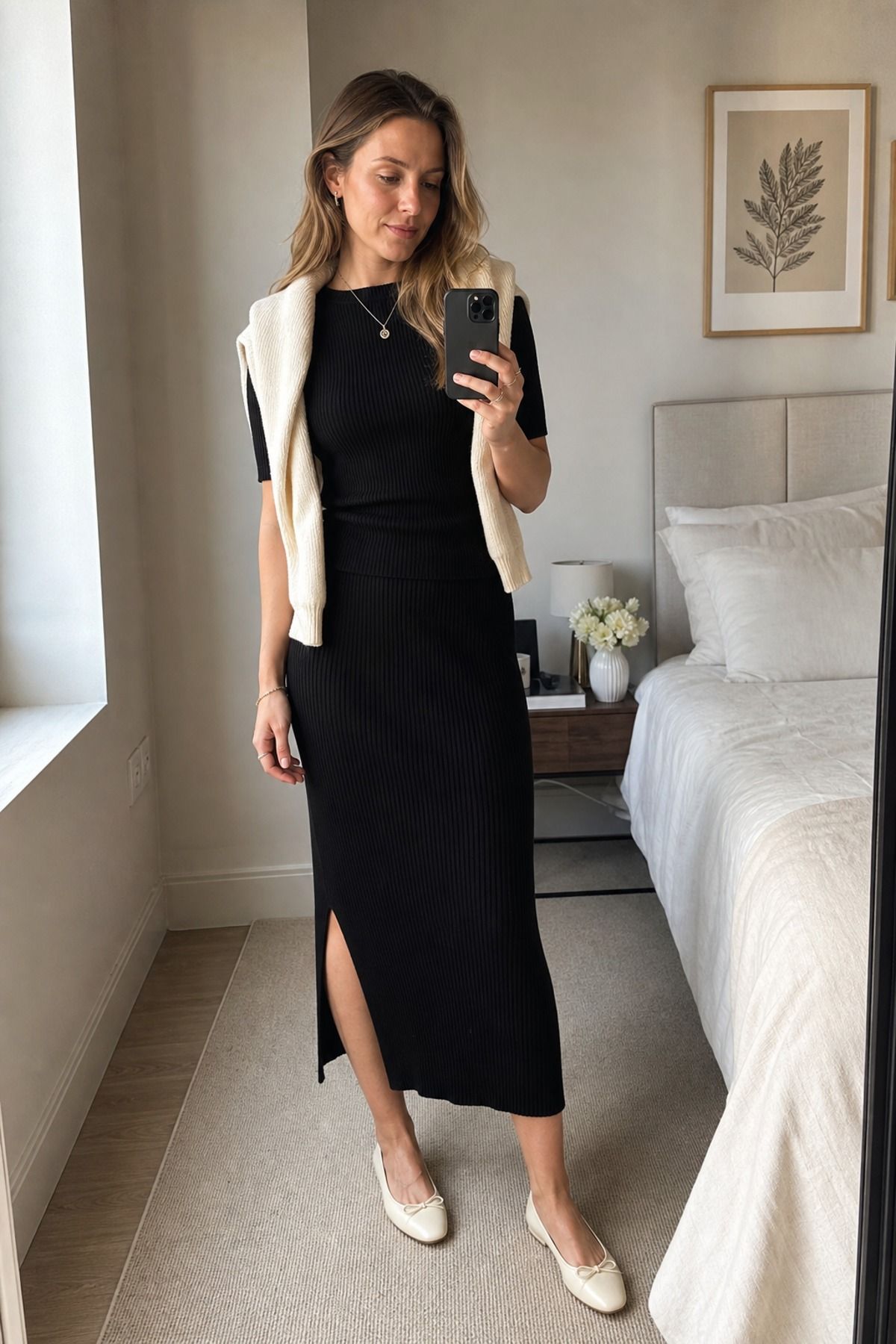 Woman wearing a black skirt with a matching knit
