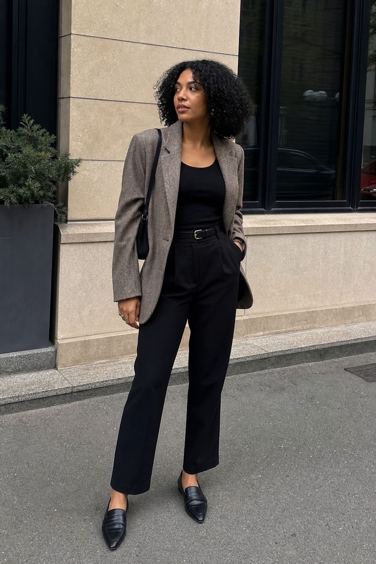 Woman wearing black trousers with a blazer