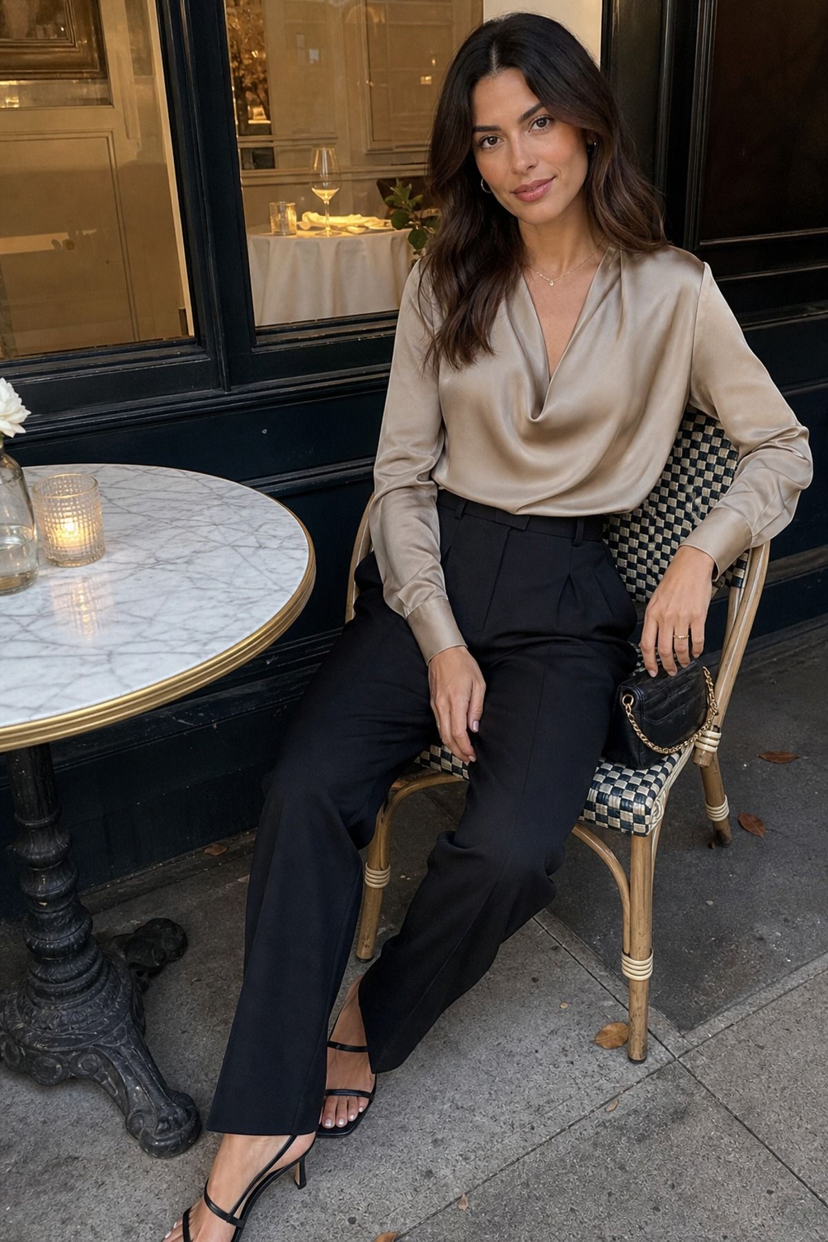 Woman wearing black trousers with a silk top
