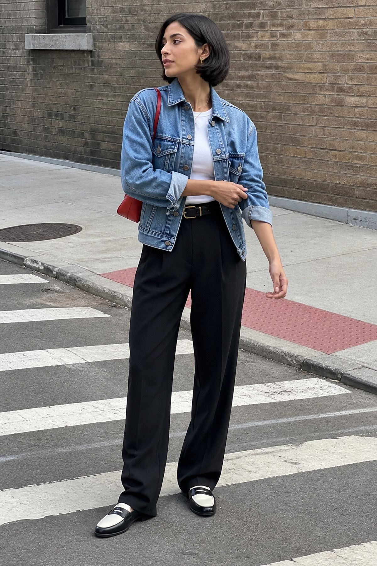Woman wearing black trousers with a denim jacket