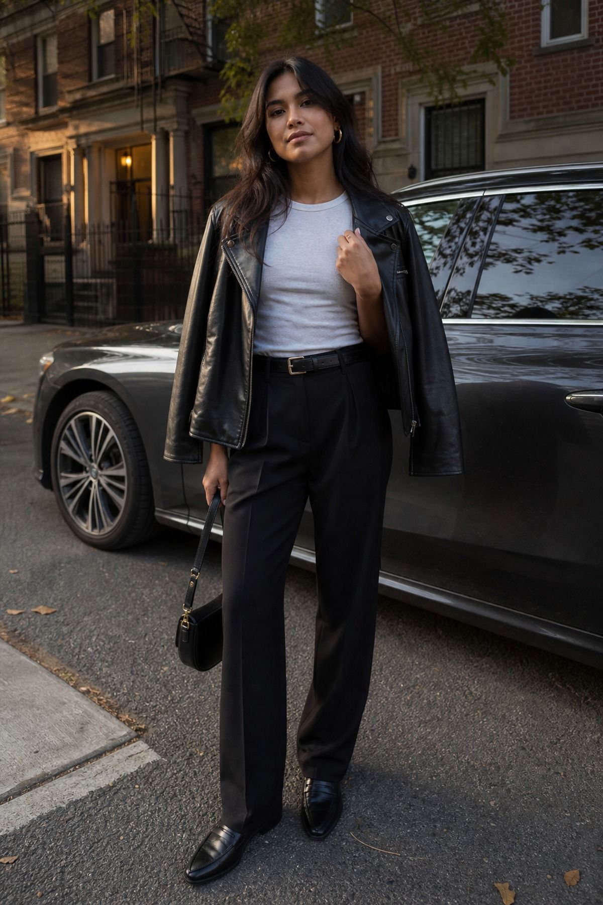 Woman wearing black trousers with a leather jacket