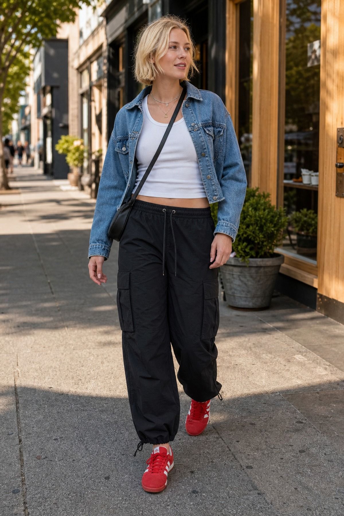 Woman wearing cargo pants with a tank top