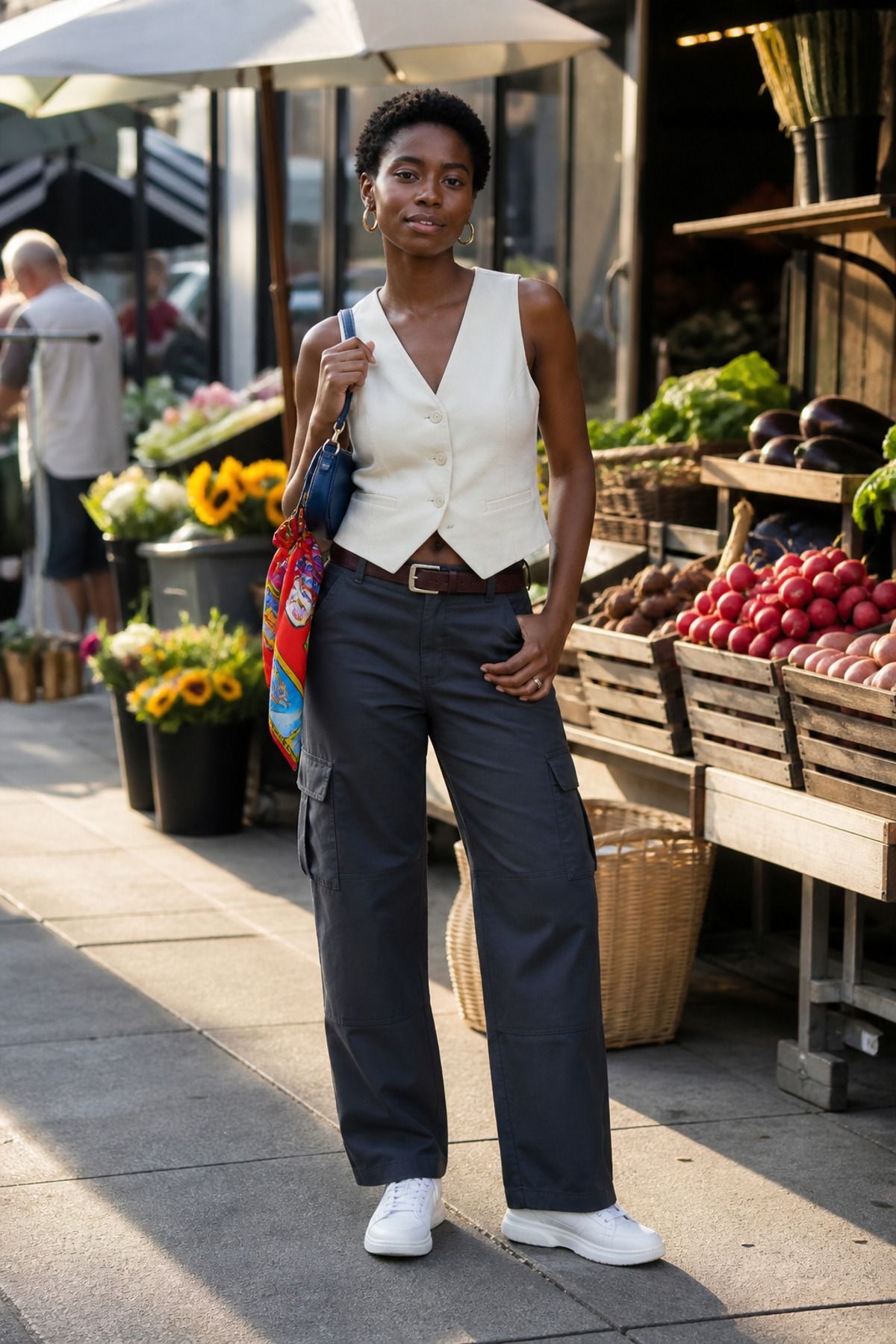 Woman wearing cargo pants with a vest