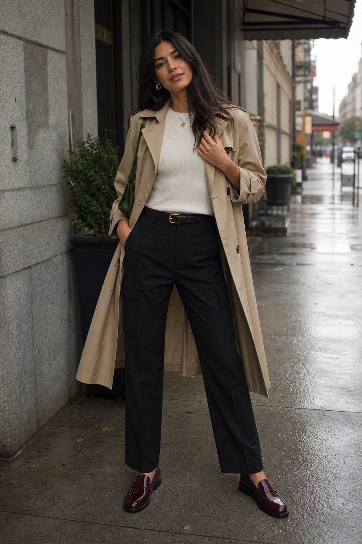 Woman wearing cargo pants with a trench