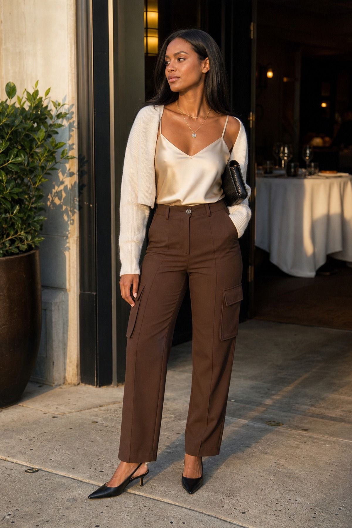 Woman wearing cargo pants with a silk cami