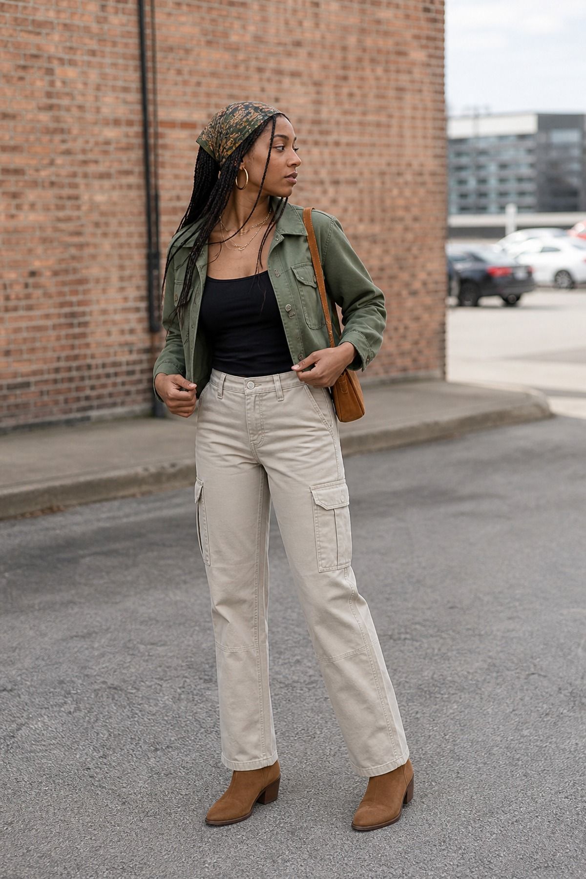 Woman wearing cargo pants with a utility jacket