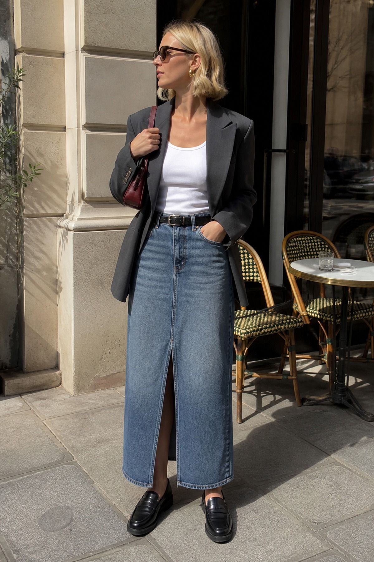 Woman wearing a denim maxi skirt with a blazer