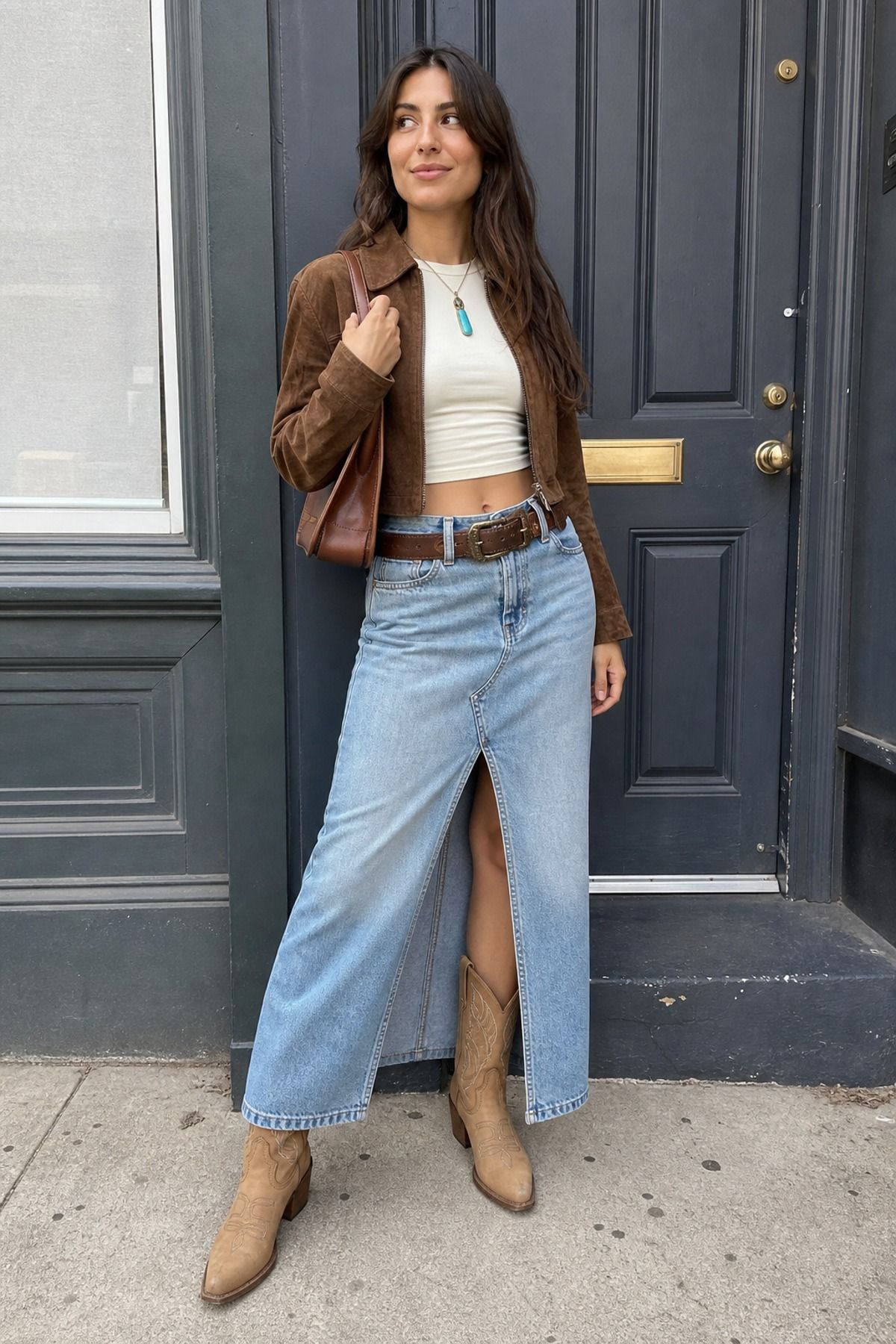 Woman wearing a denim maxi skirt with cowboy boots