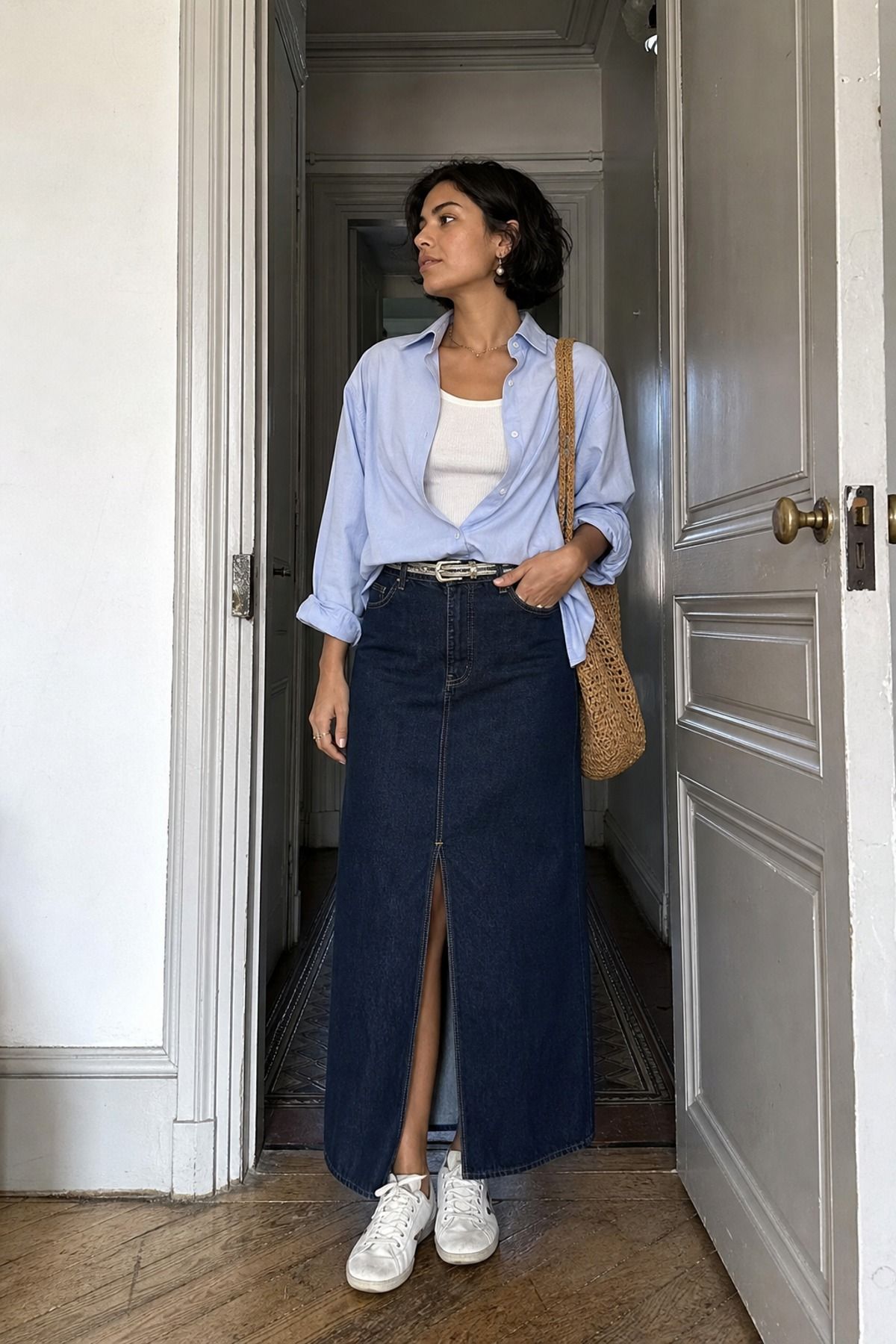 Woman wearing a denim maxi skirt with a button down