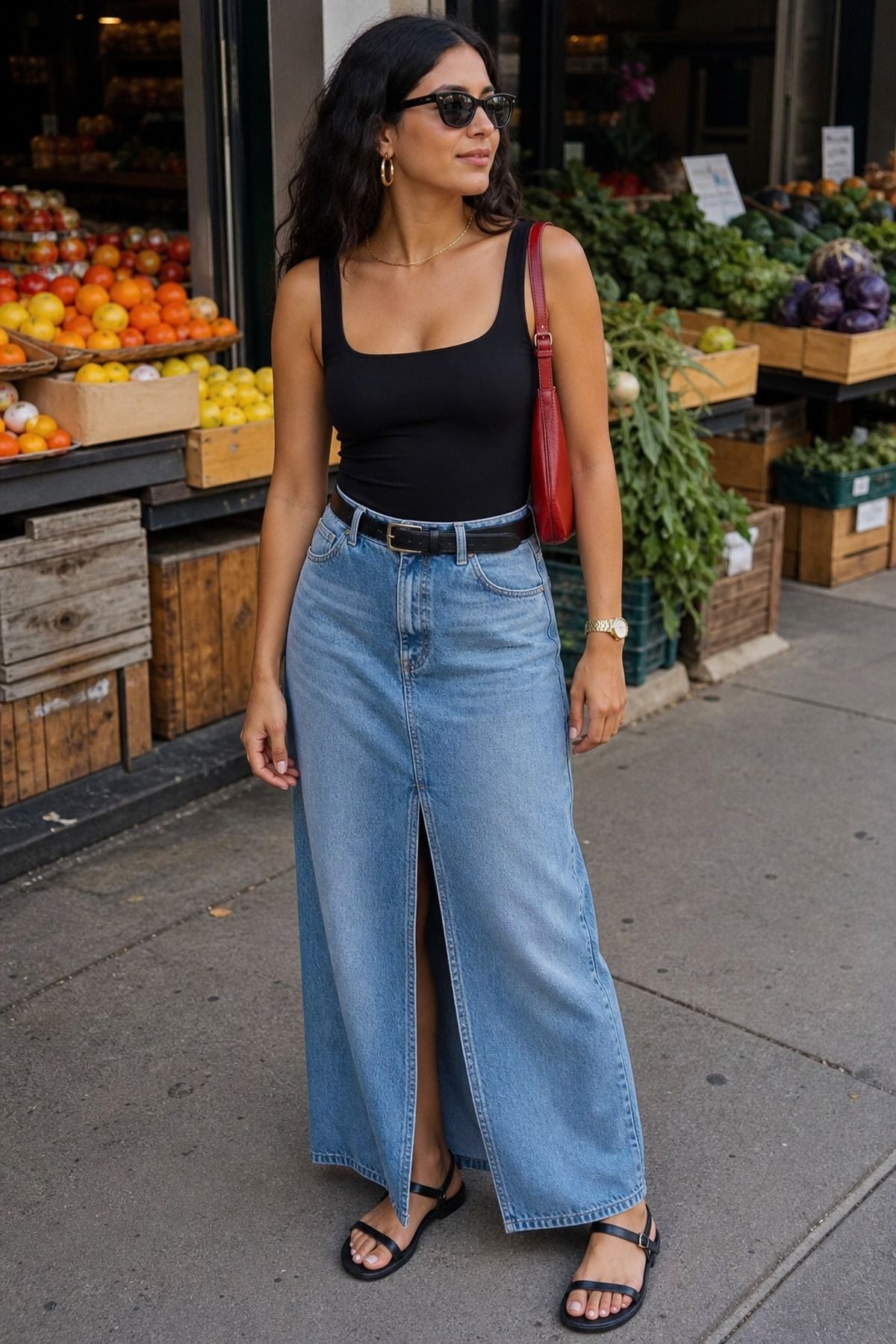 Woman wearing a denim maxi skirt with a bodysuit
