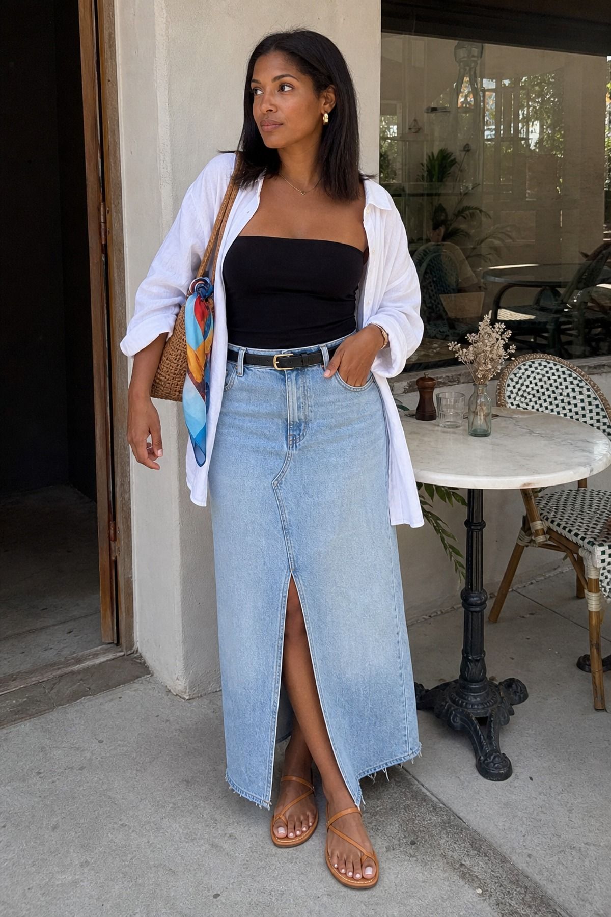 Woman wearing a denim maxi skirt with a tube top