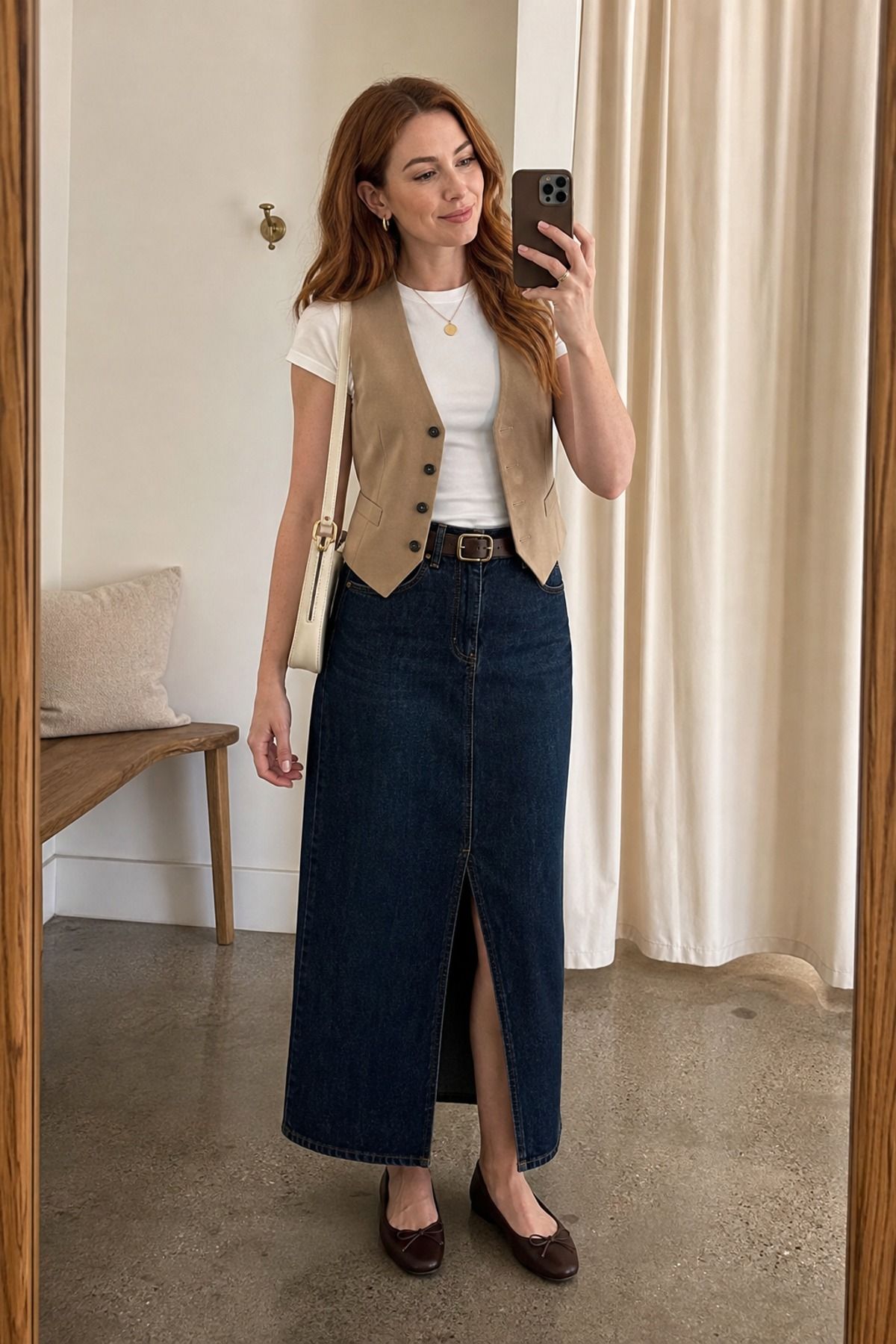 Woman wearing a denim maxi skirt with a vest