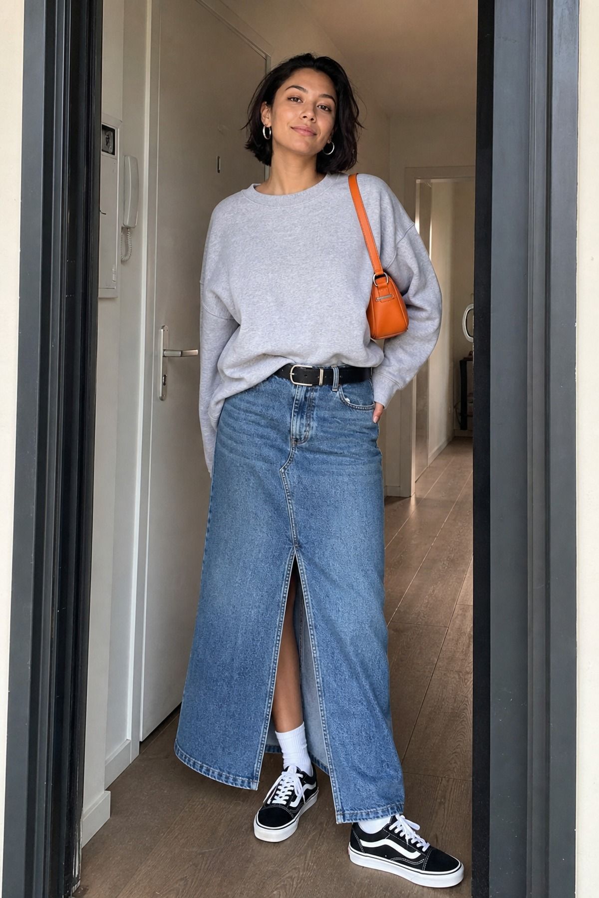 Woman wearing a denim maxi skirt with a sweatshirt