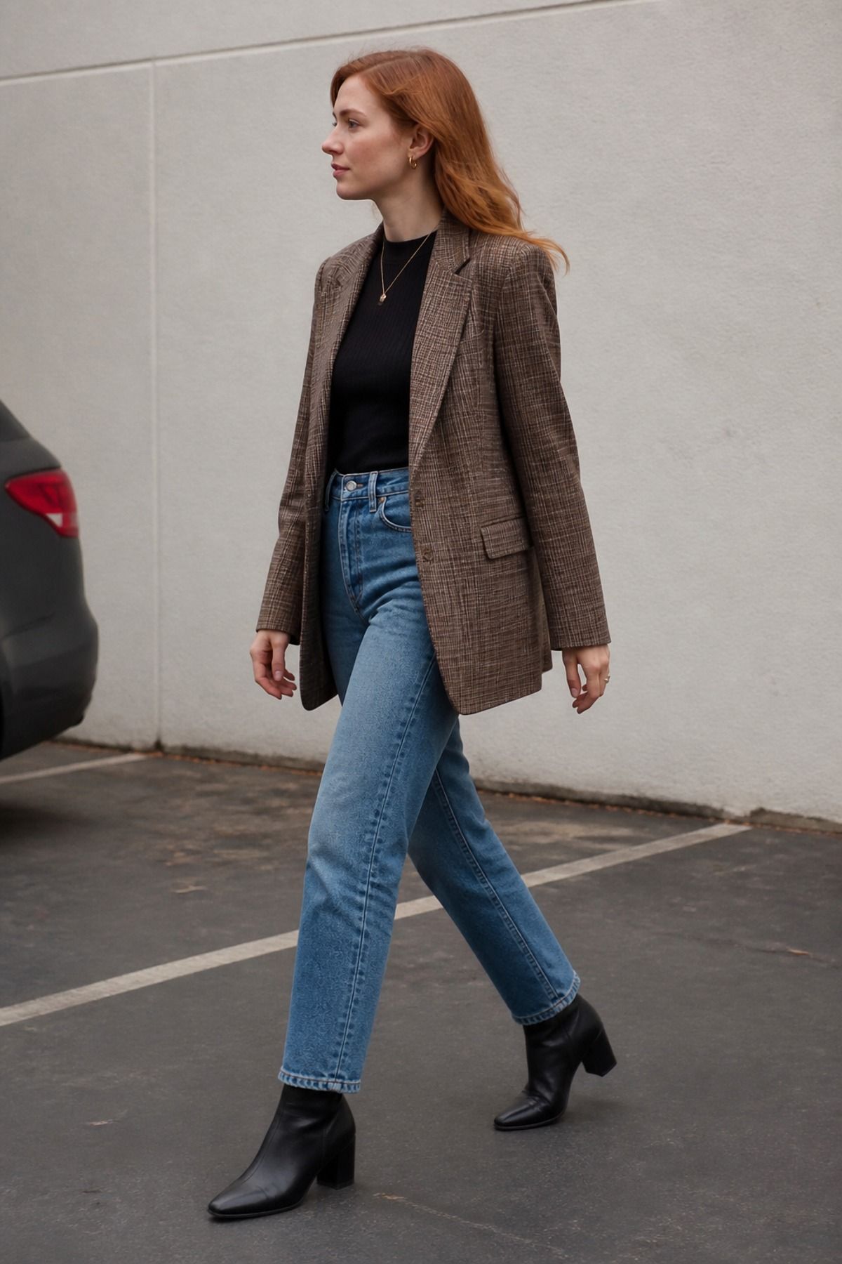 Woman wearing jeans with a plaid blazer, a jeans and blazer outfit