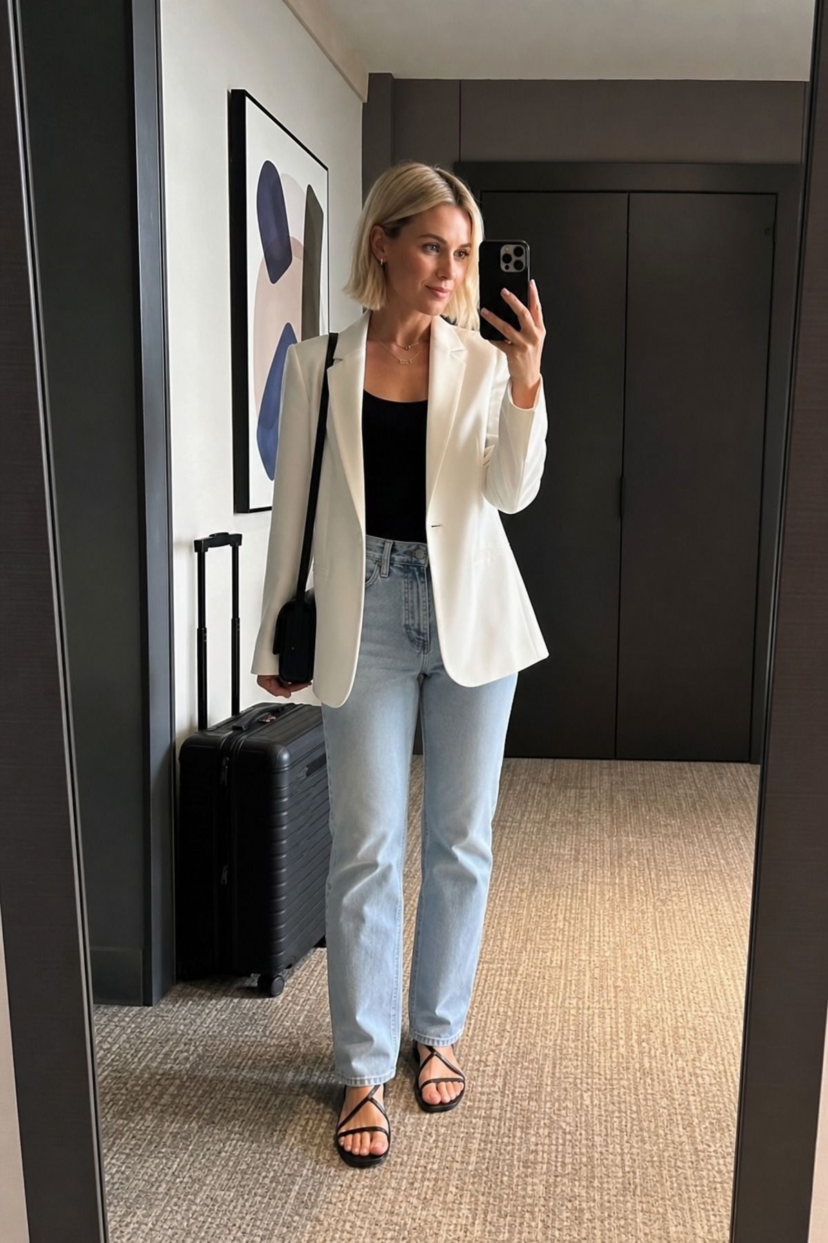 Woman wearing jeans with a white blazer, a jeans and blazer outfit