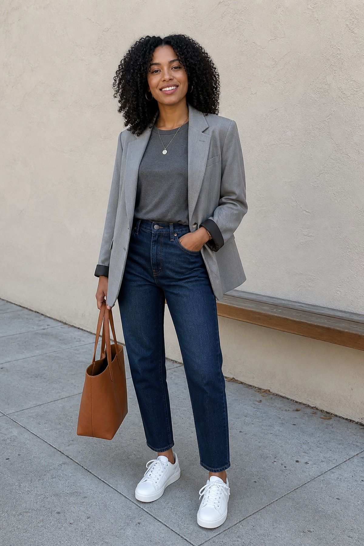 Woman wearing jeans with a gray blazer, a jeans and blazer outfit