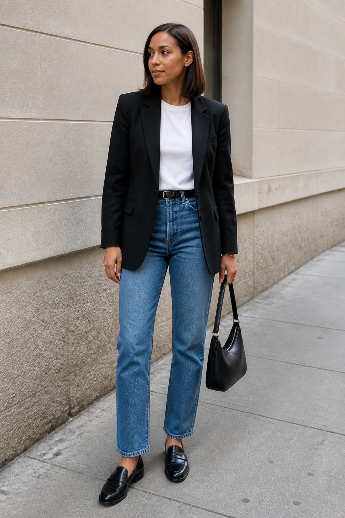 Woman wearing jeans with a blazer and loafers, a jeans and blazer outfit