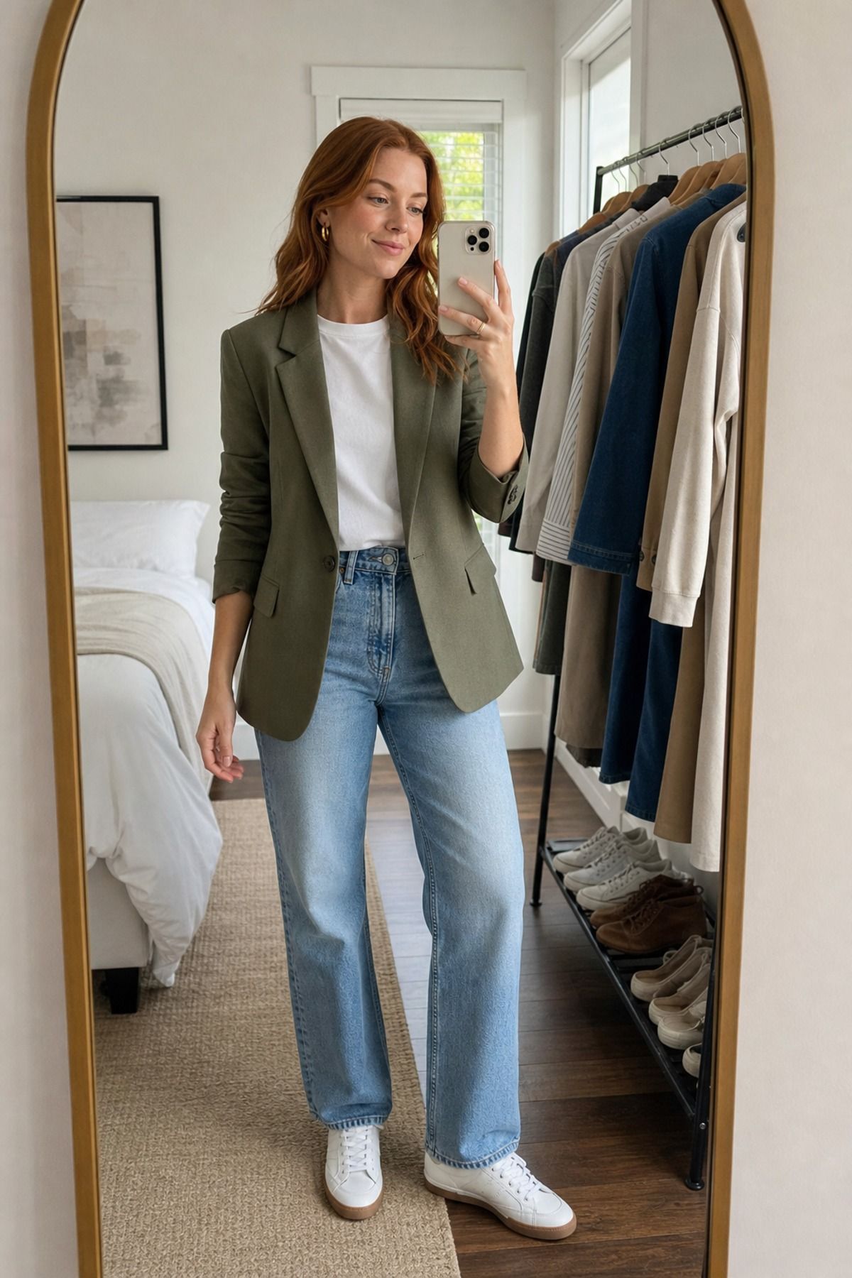 Woman wearing jeans with a blazer and tee, a jeans and blazer outfit