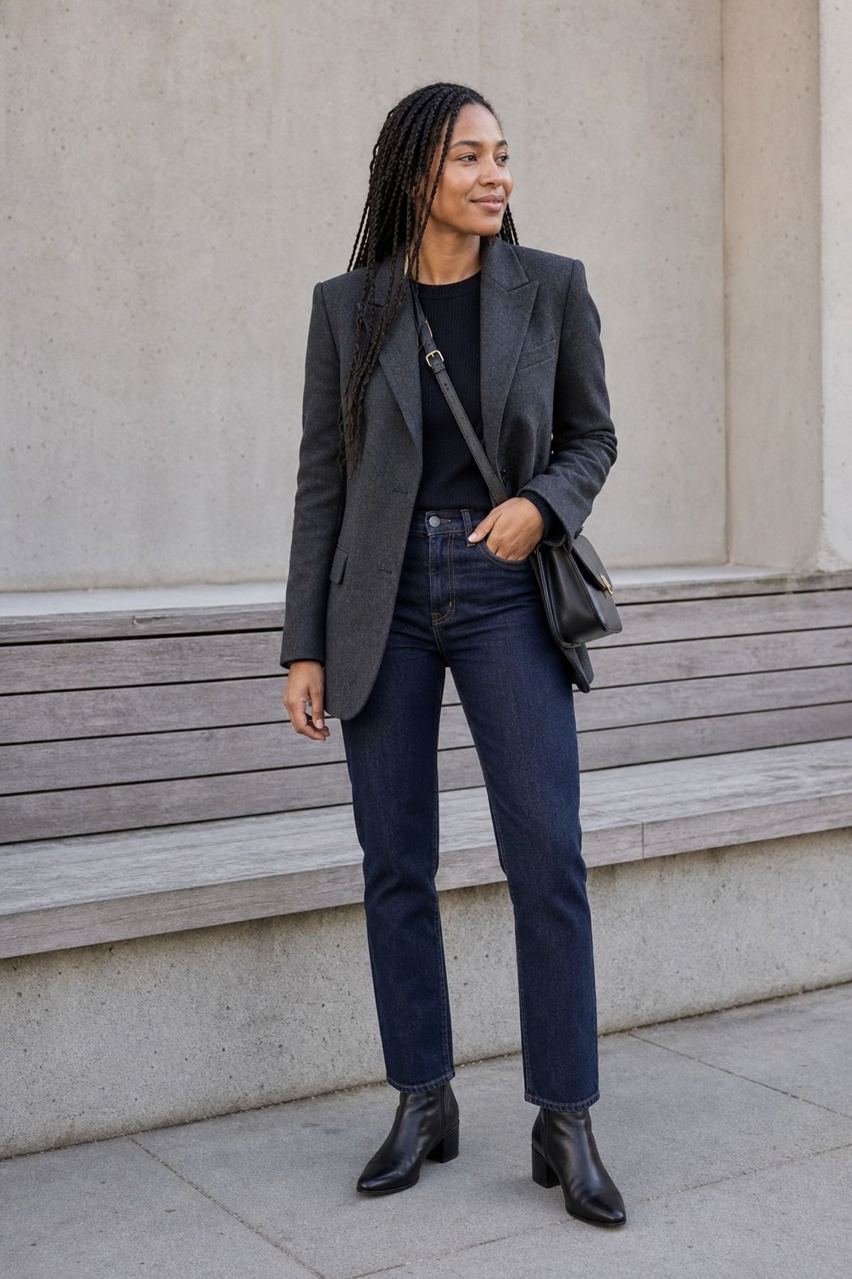 Woman wearing jeans with a blazer and boots, a jeans and blazer outfit