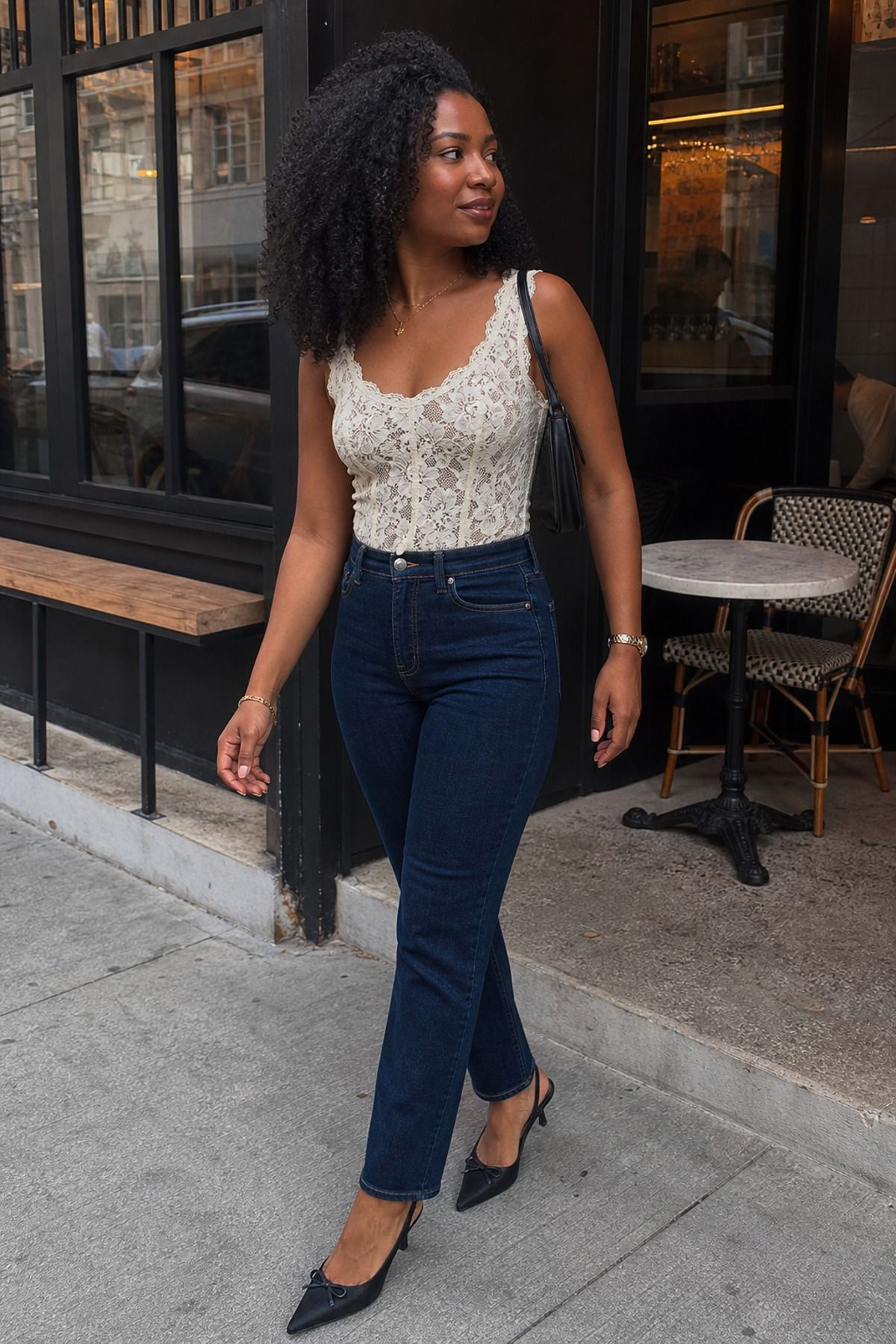 Woman wearing jeans with a lace top, a jeans and nice top outfit