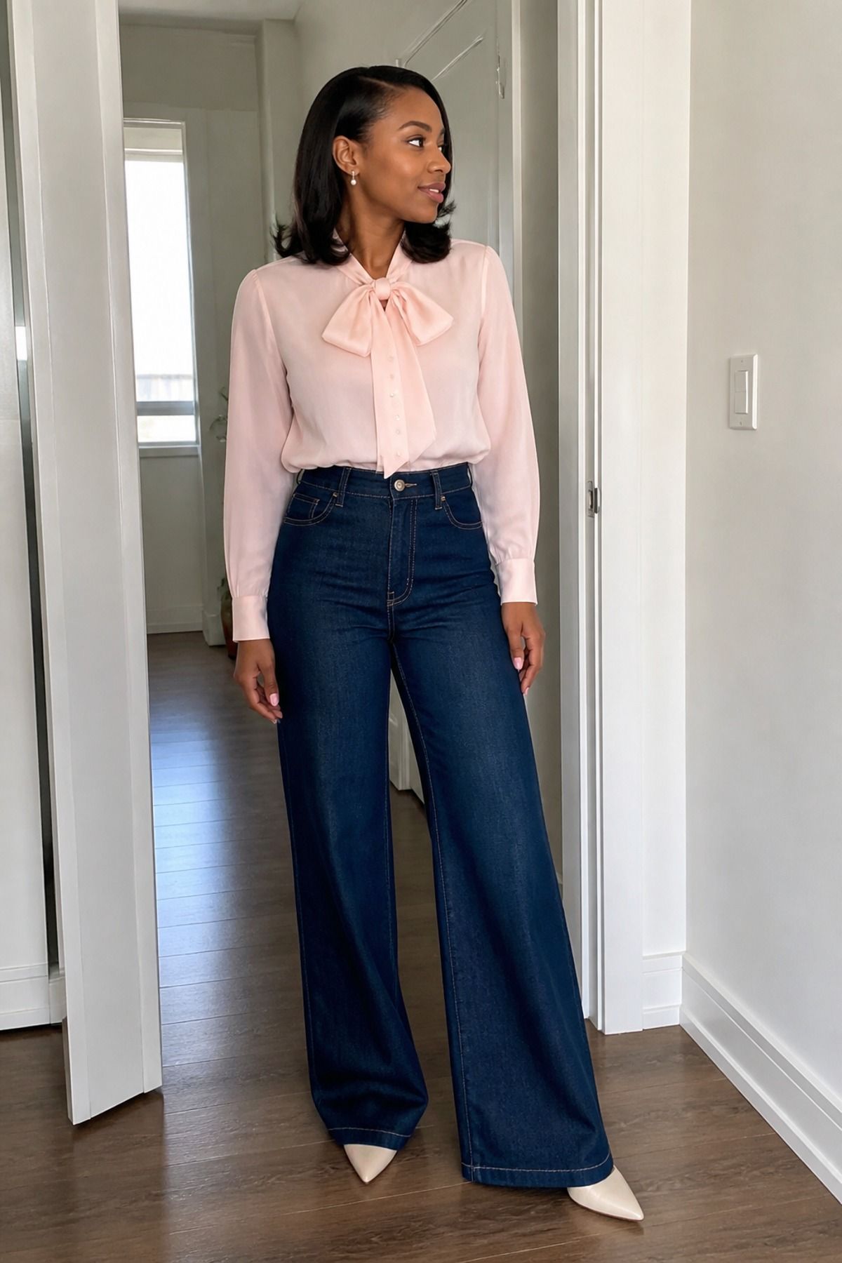 Woman wearing jeans with a bow blouse, a jeans and nice top outfit