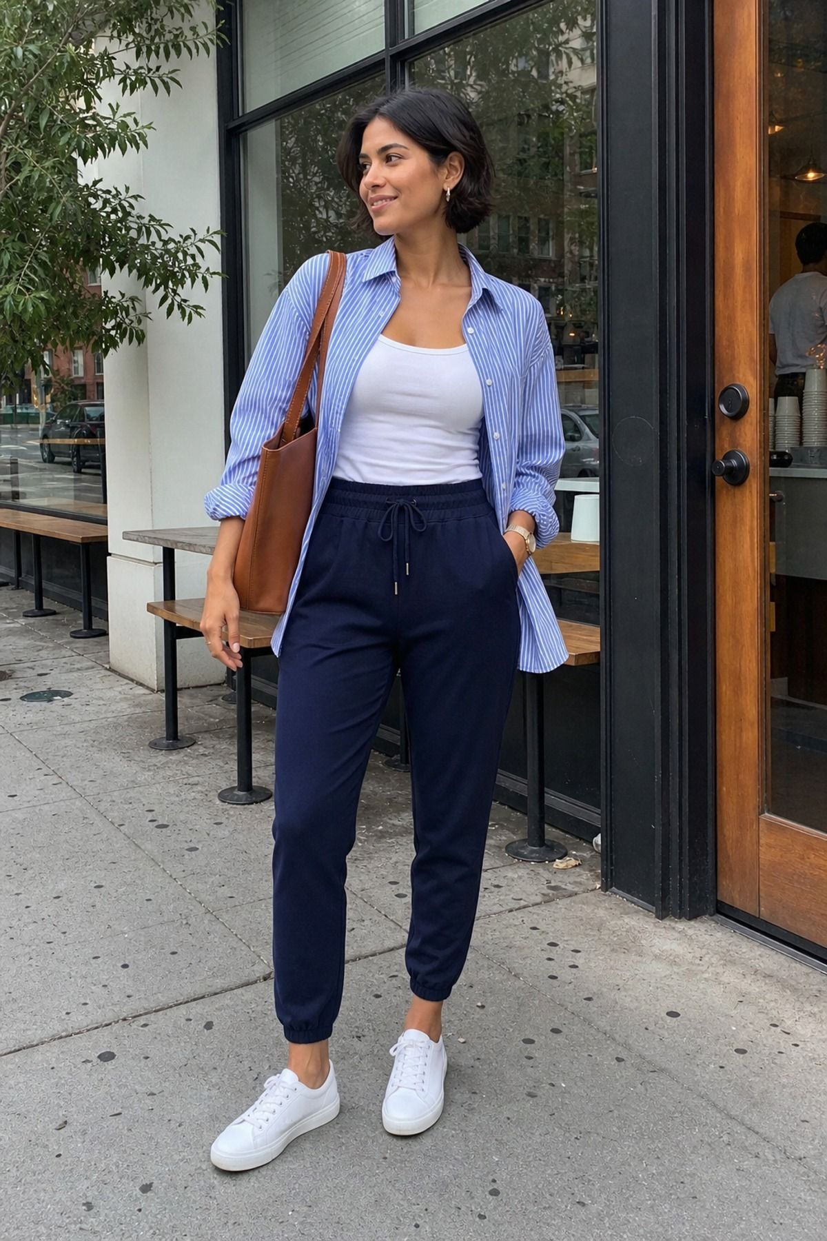 Woman wearing joggers with a button down