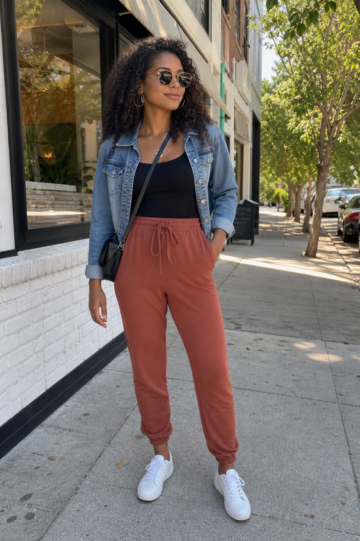 Woman wearing joggers with a denim jacket