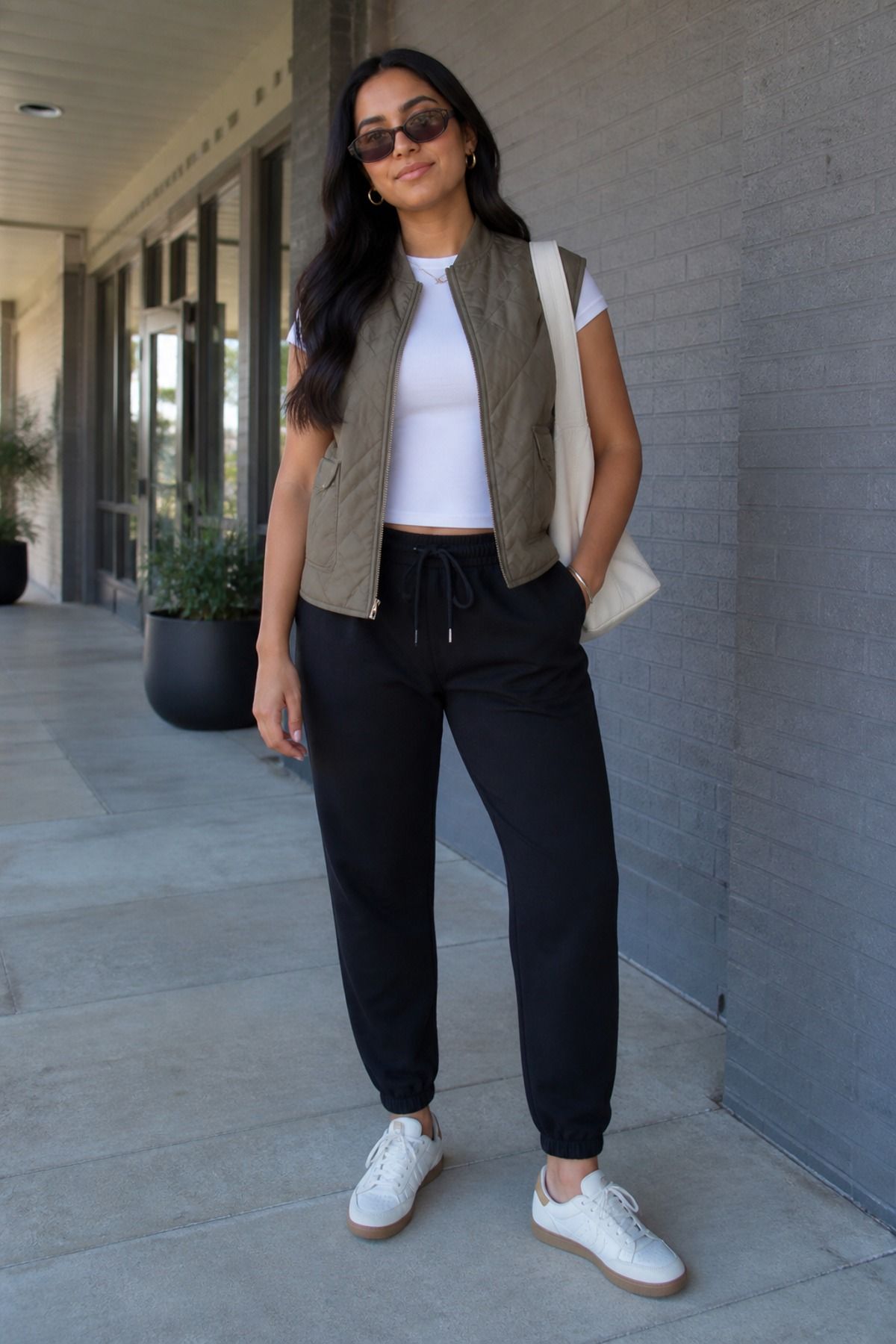 Woman wearing joggers with a vest