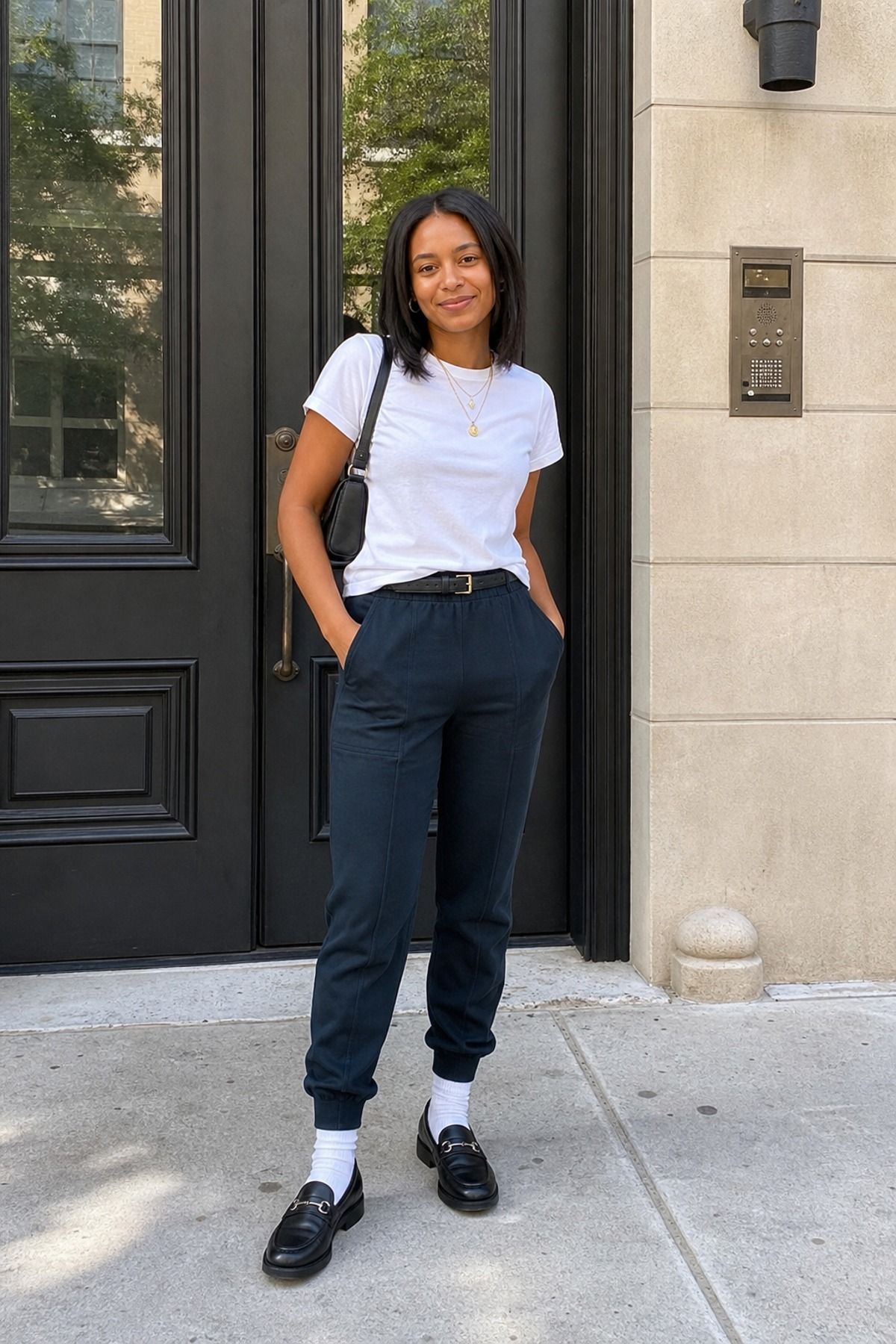Woman wearing joggers with a tee and loafers
