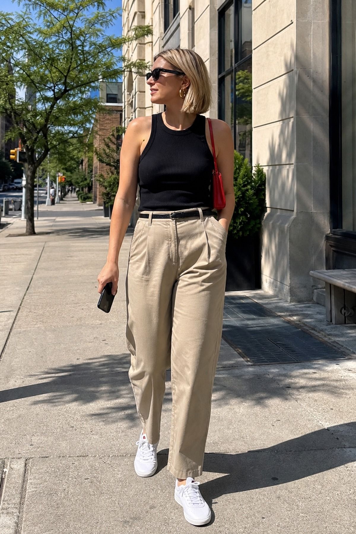 Woman wearing khaki pants with a black tank
