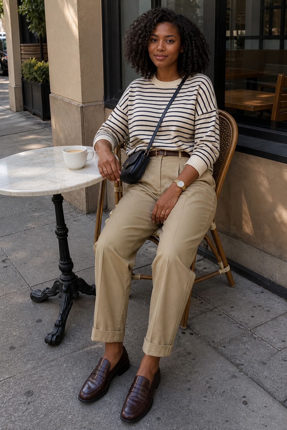 Woman wearing khaki pants with a striped sweater