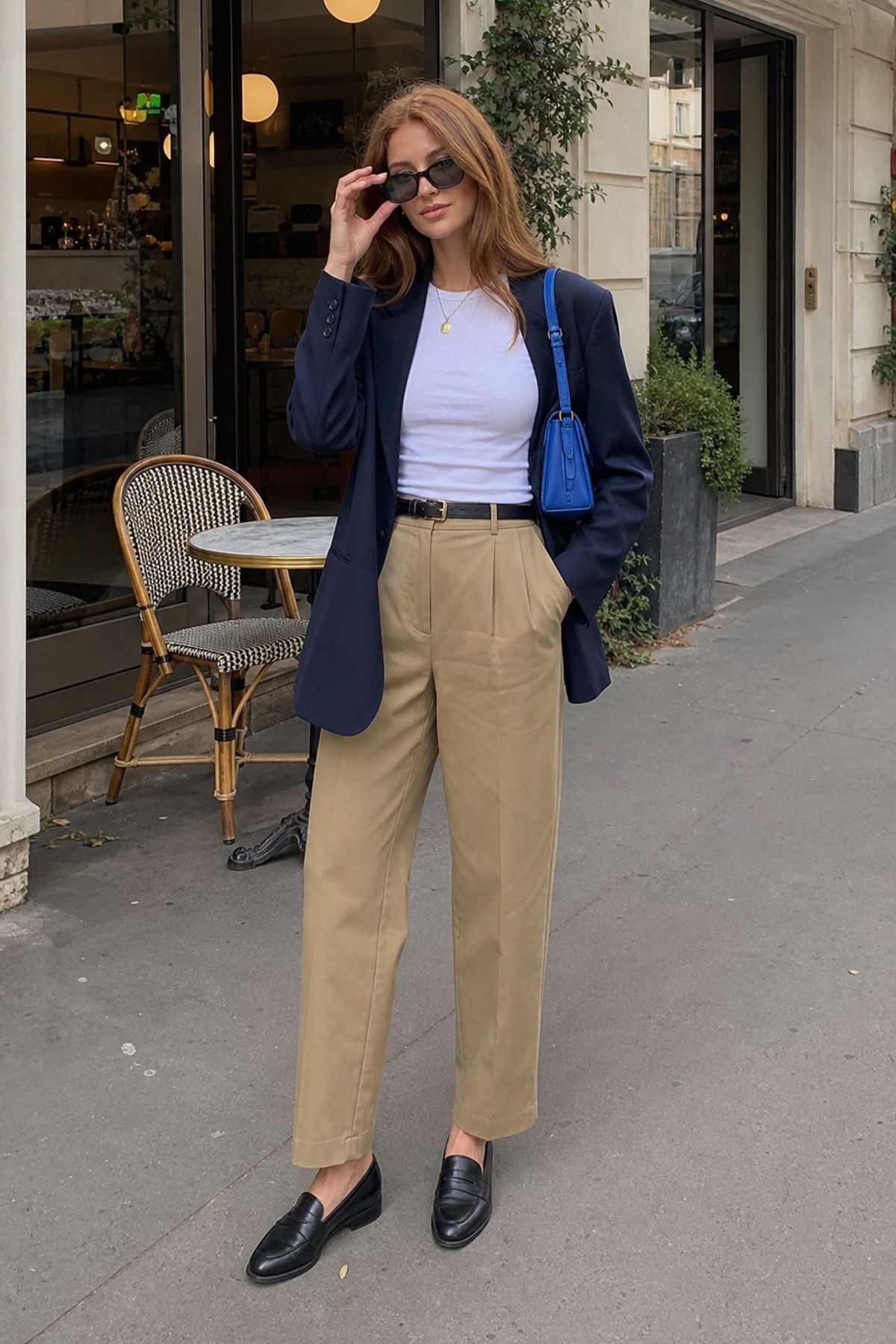 Woman wearing khaki pants with a blazer