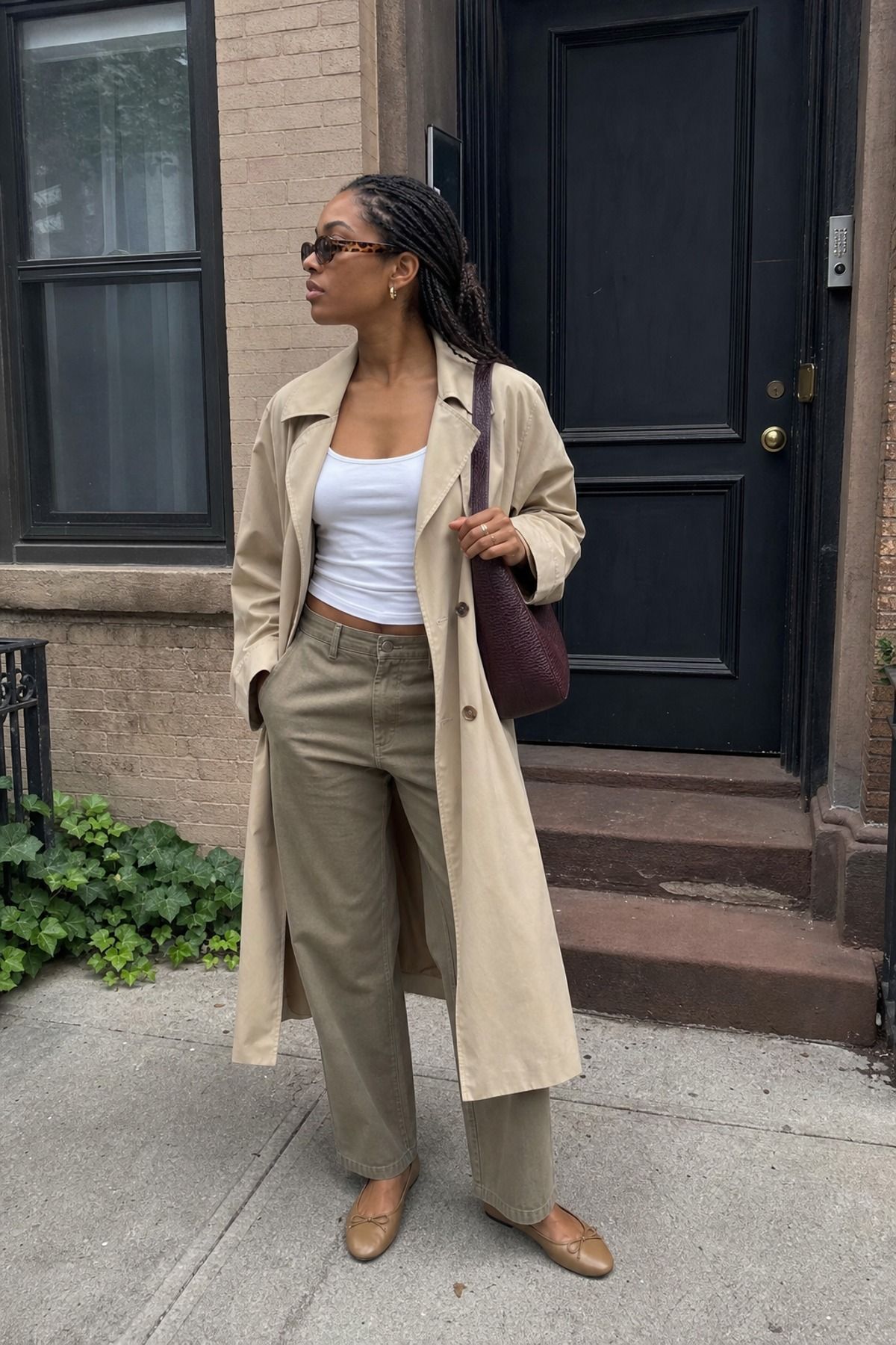 Woman wearing khaki pants with a trench