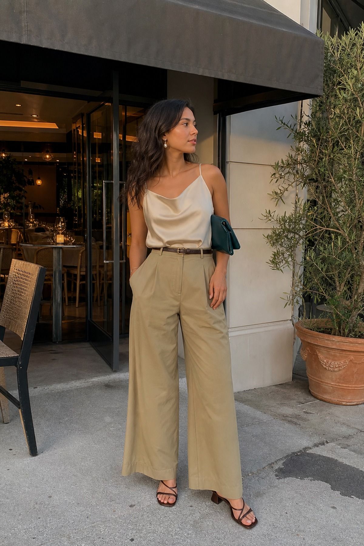 Woman wearing khaki pants with a silk top
