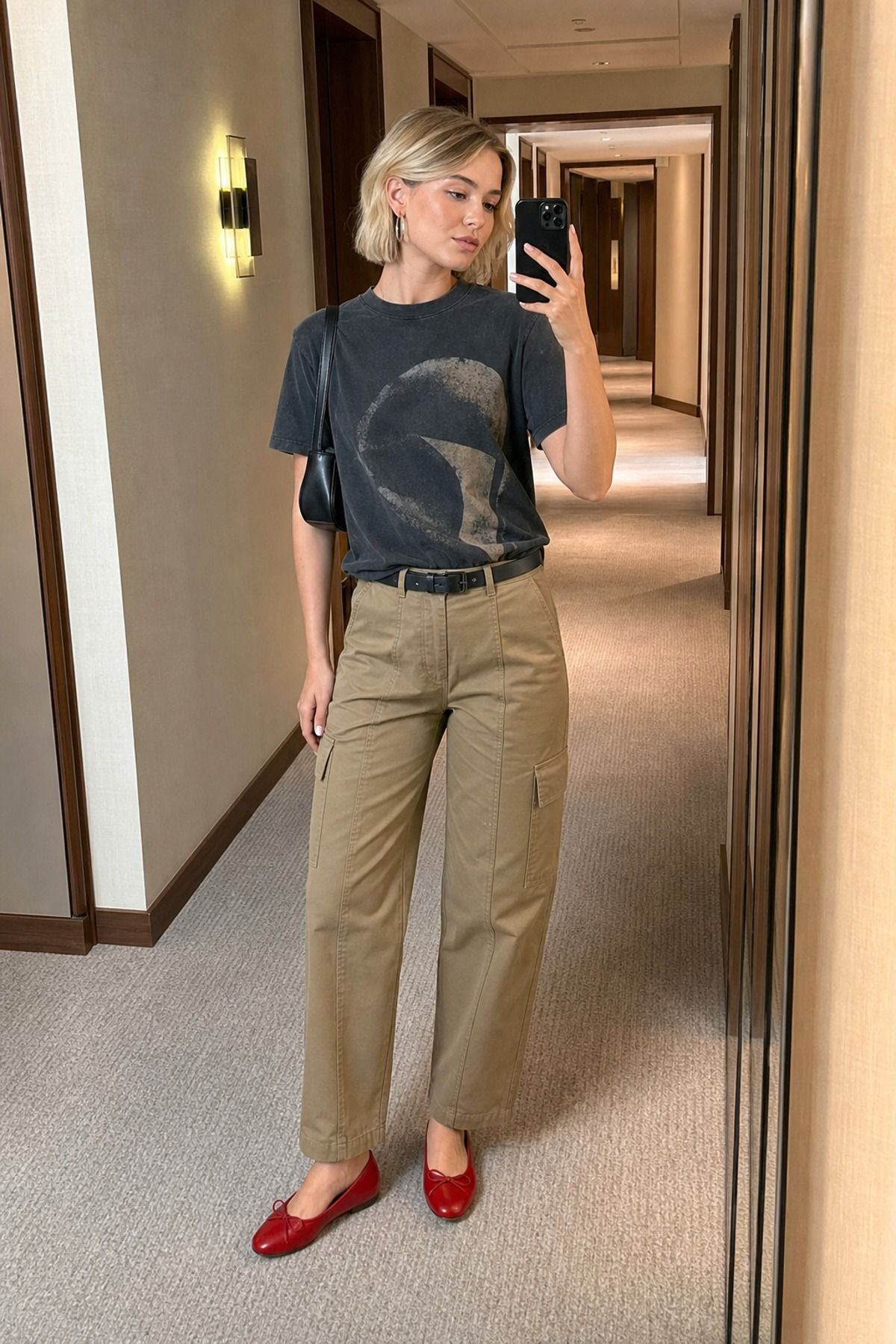 Woman wearing khaki pants with a graphic tee
