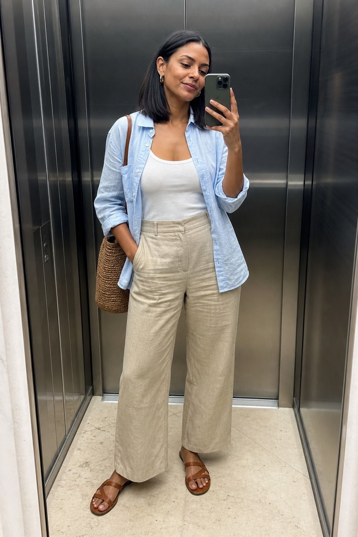Woman wearing khaki pants with a linen shirt