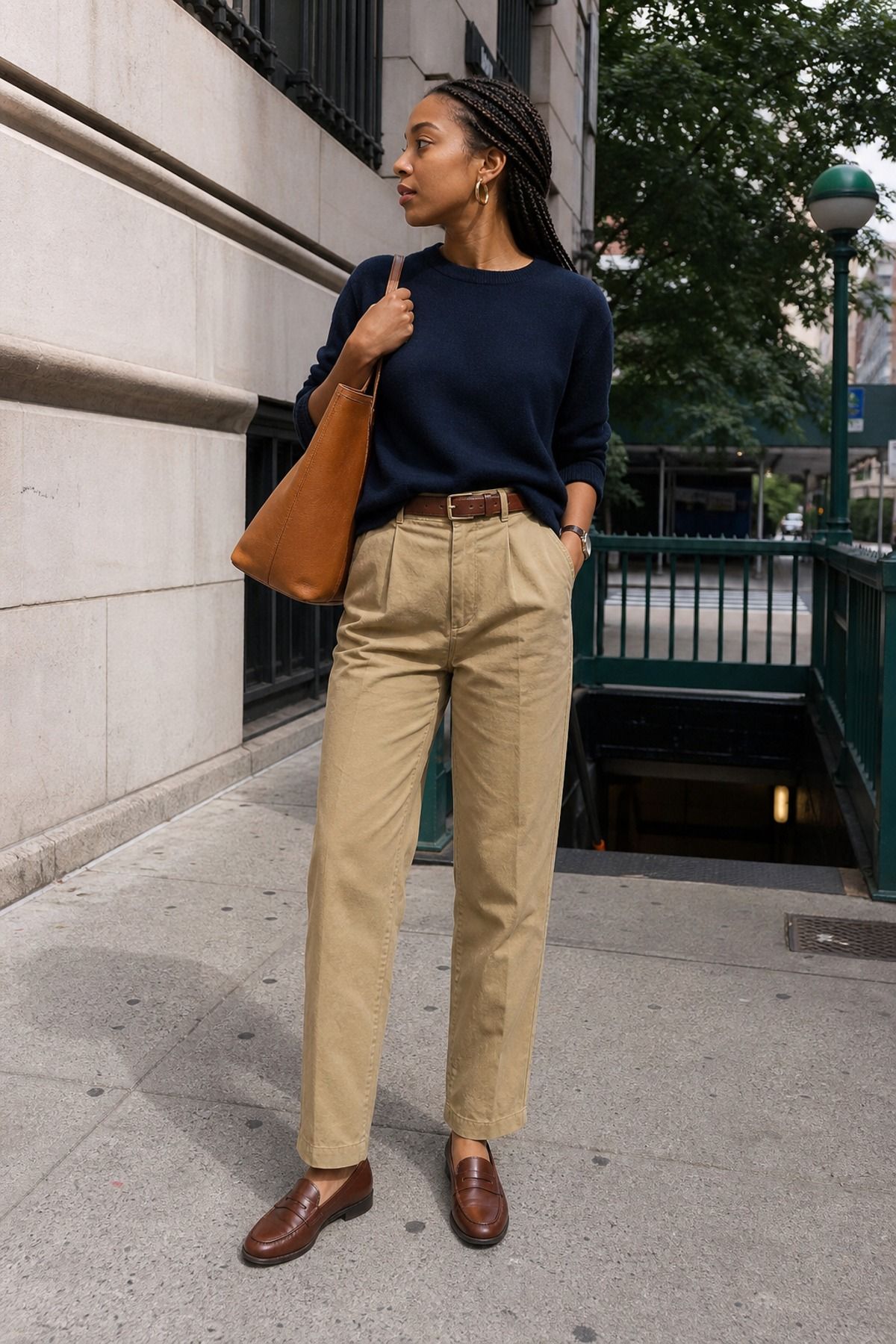 Woman wearing khaki pants with a navy sweater