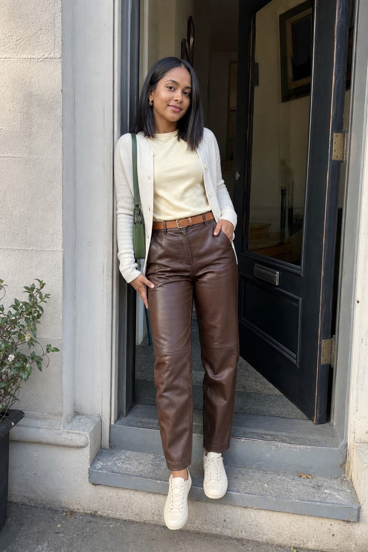 Woman wearing a brown leather pants outfit