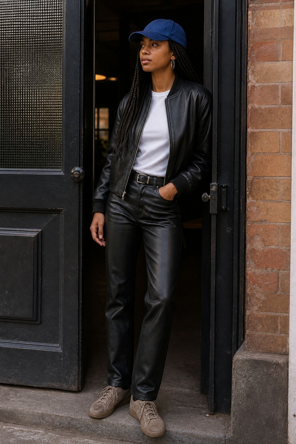 Woman wearing leather pants with leather jacket