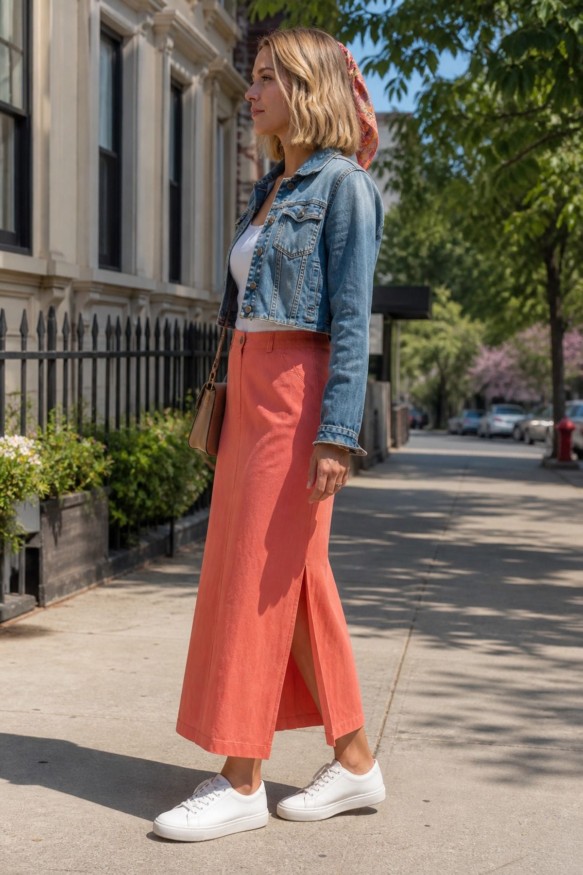 Woman wearing a maxi skirt with a denim jacket