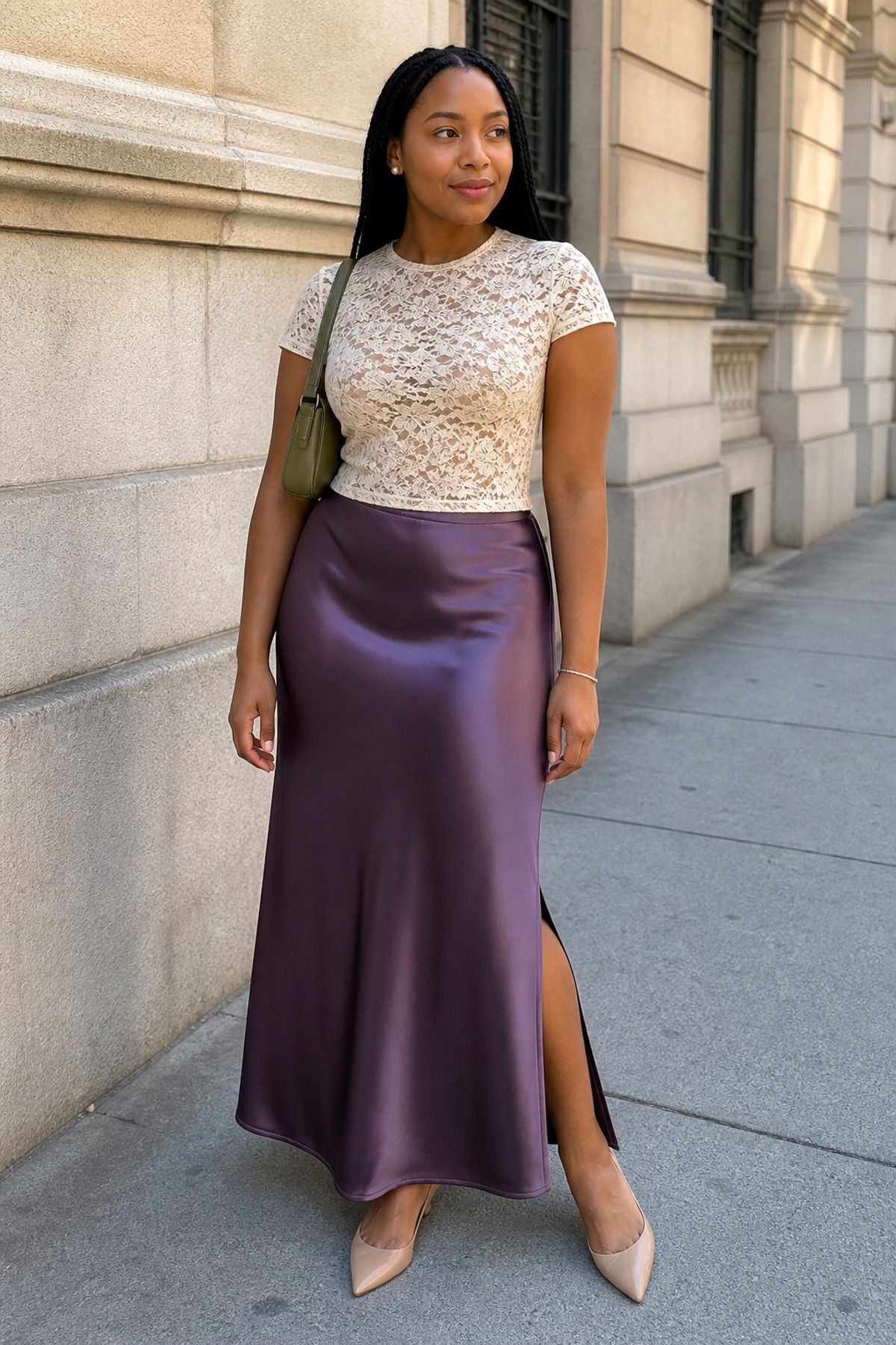 Woman wearing a maxi skirt with a lace top